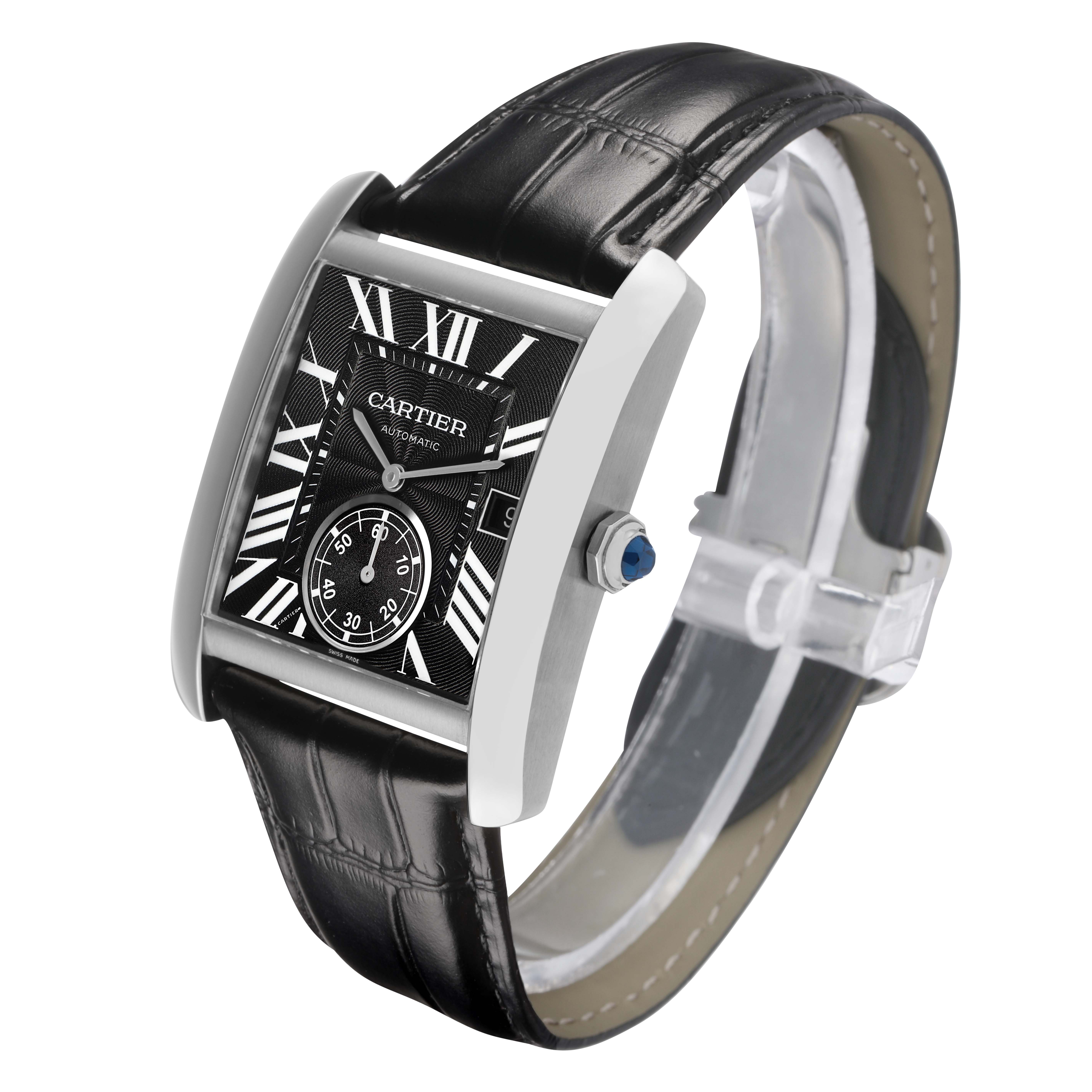 The Cartier Tank MC W5330004 Men's Stainless Steel Black Dial watch is shown at an angled side view, displaying its black dial, leather strap, and crown with a blue cabochon.