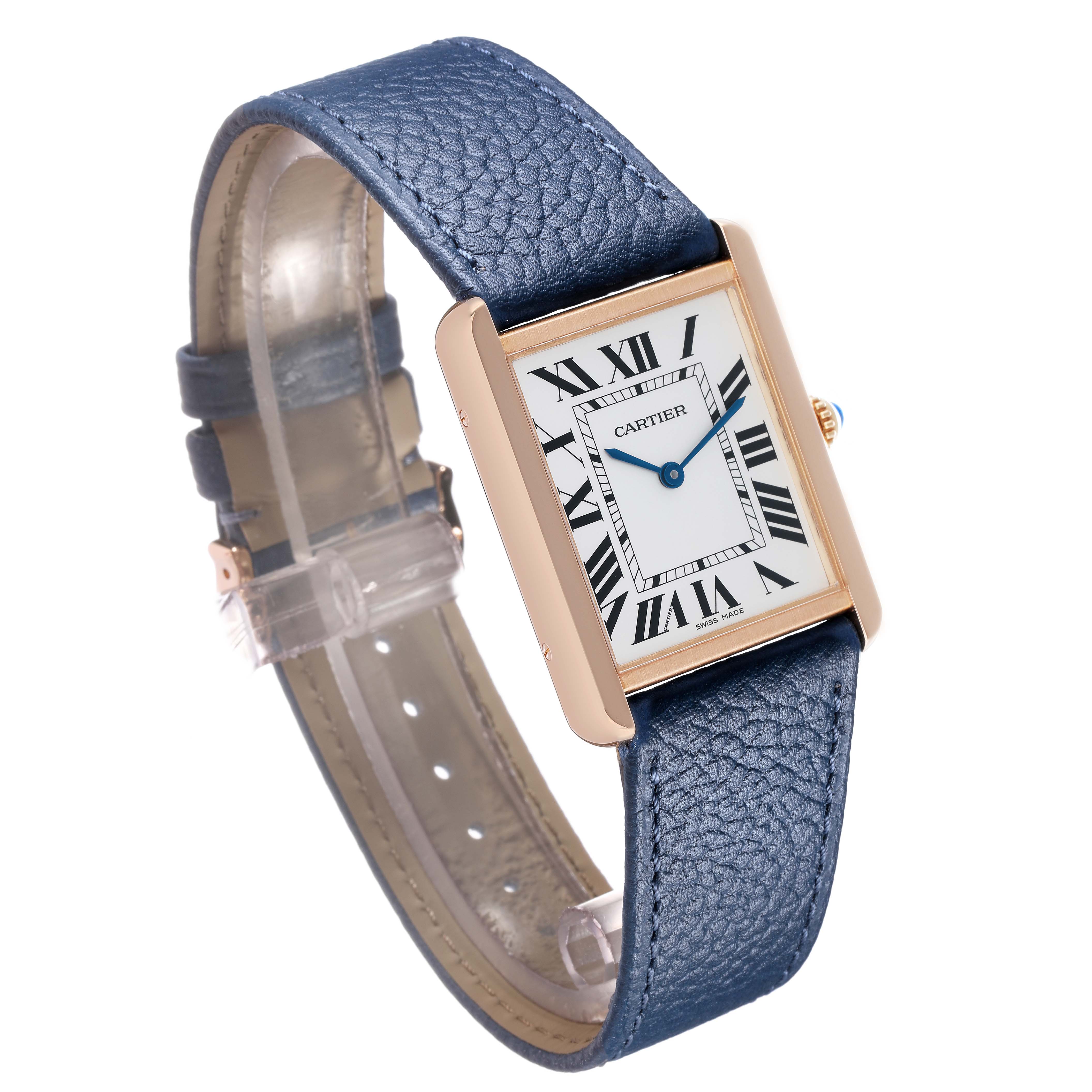 The Cartier Tank Solo W5200025 Men's Steel and Gold (two tone) Silver Dial watch is shown at an angled side view, highlighting its rectangular face and blue leather strap.