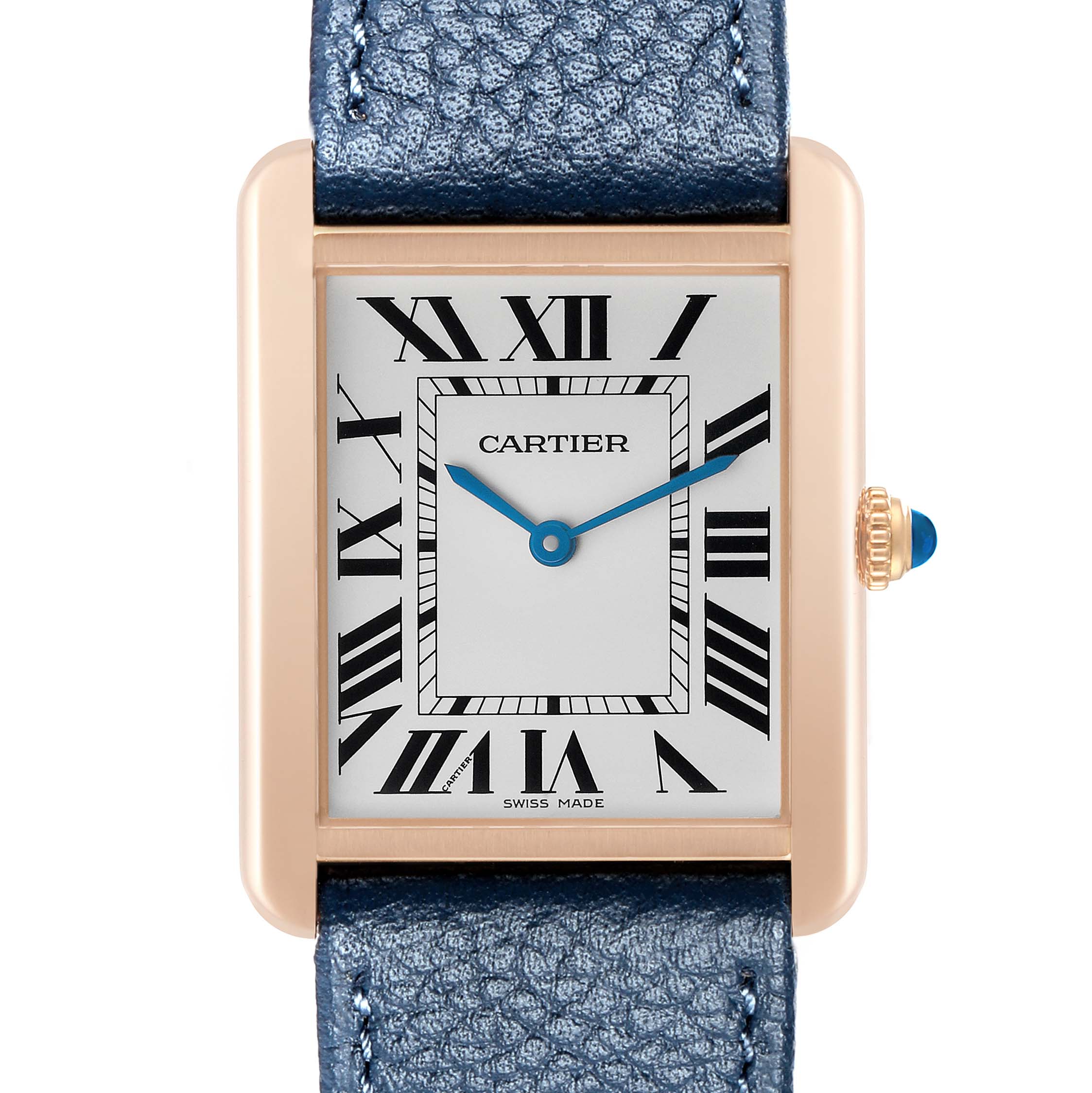 The Cartier Tank Solo W5200025 Men's Steel and Gold (two tone) Silver Dial watch is shown from a direct front angle, displaying its face, Roman numerals, and blue leather strap.