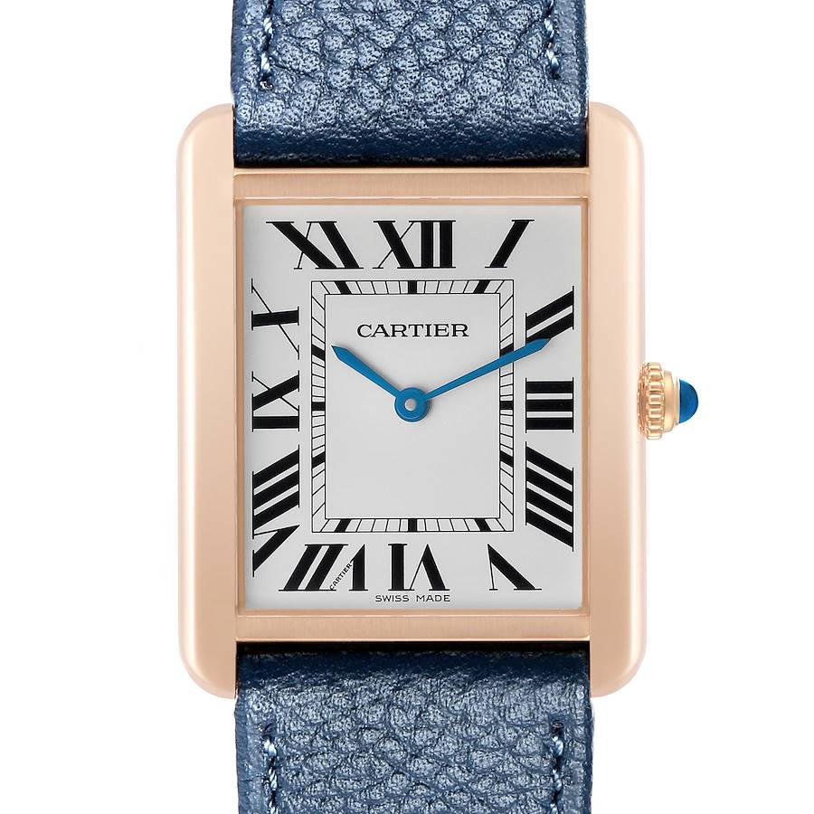 The Cartier Tank Solo W5200025 Men's Steel and Gold (two tone) Silver Dial watch is shown from a direct front angle, displaying its face, Roman numerals, and blue leather strap.