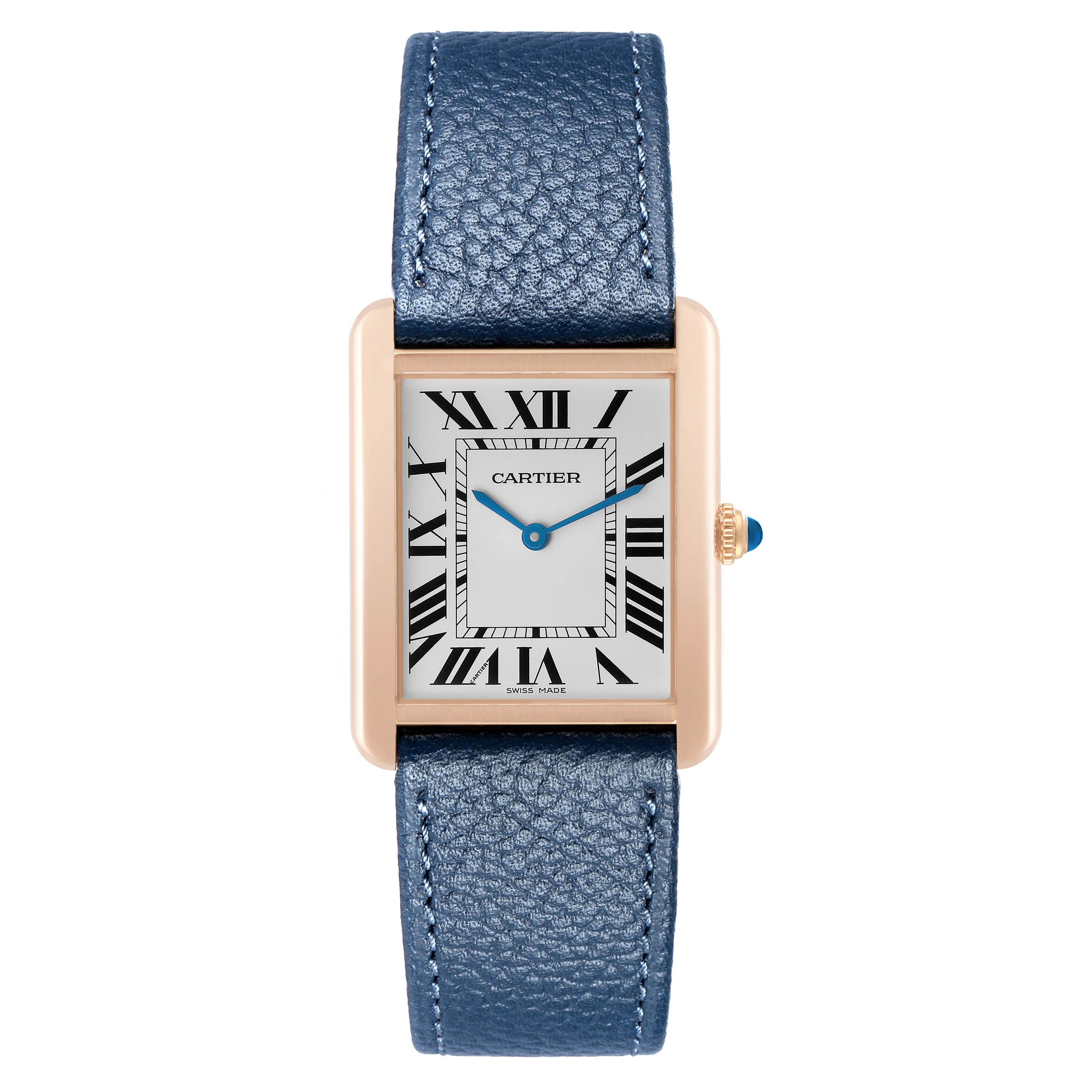 The image shows a Cartier Tank Solo W5200025 Men's Steel and Gold (two tone) Silver Dial watch, front view, displaying its rectangular face, Roman numerals, and blue leather strap.