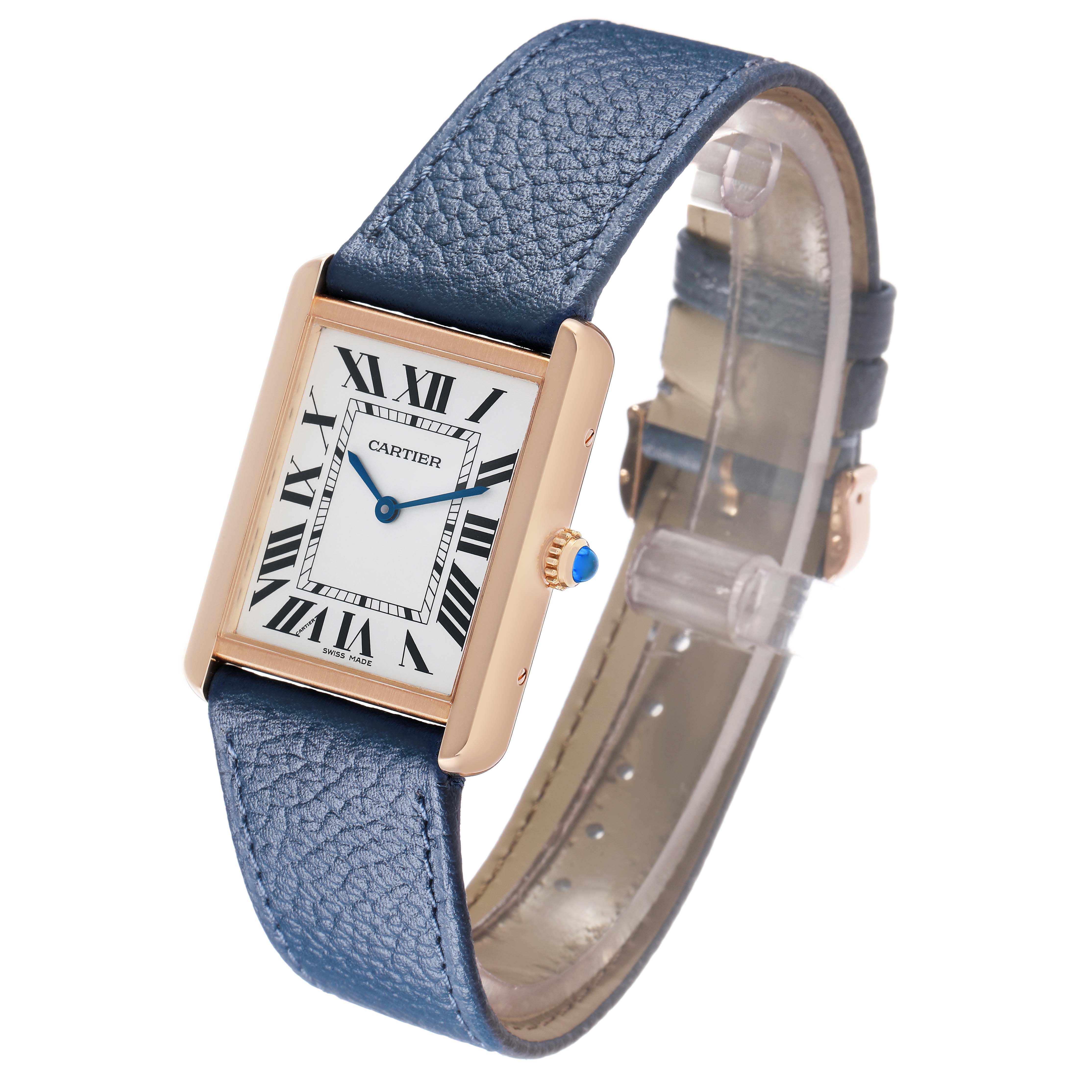 The Cartier Tank Solo W5200025 Men's Steel and Gold (two tone) Silver Dial watch is shown at an angle highlighting its rectangular face, blue strap, and side crown.