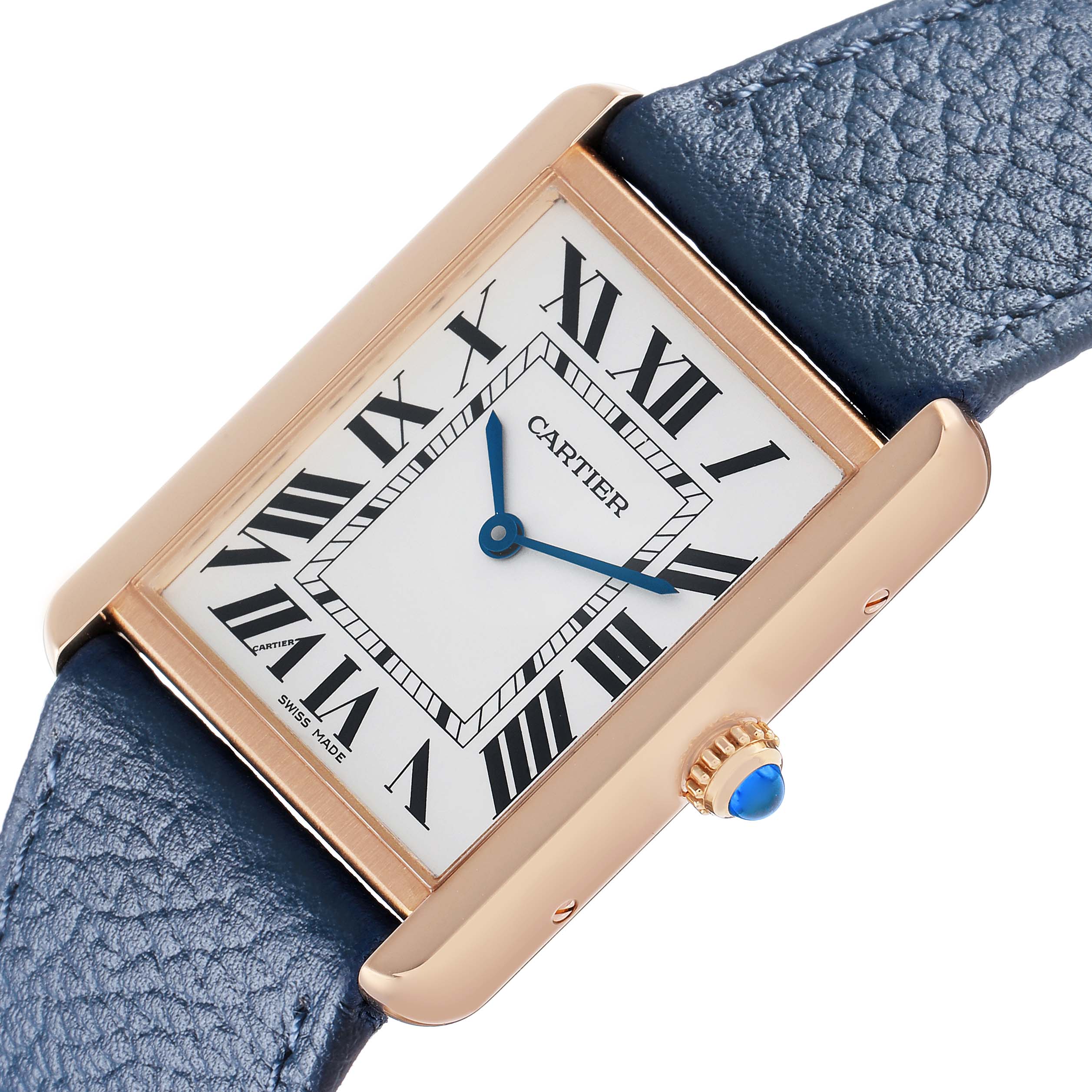 The Cartier Tank Solo W5200025 Men's Steel and Gold (two tone) Silver Dial watch is shown at an angled top view, highlighting the dial, blue hands, crown, and part of the leather strap.