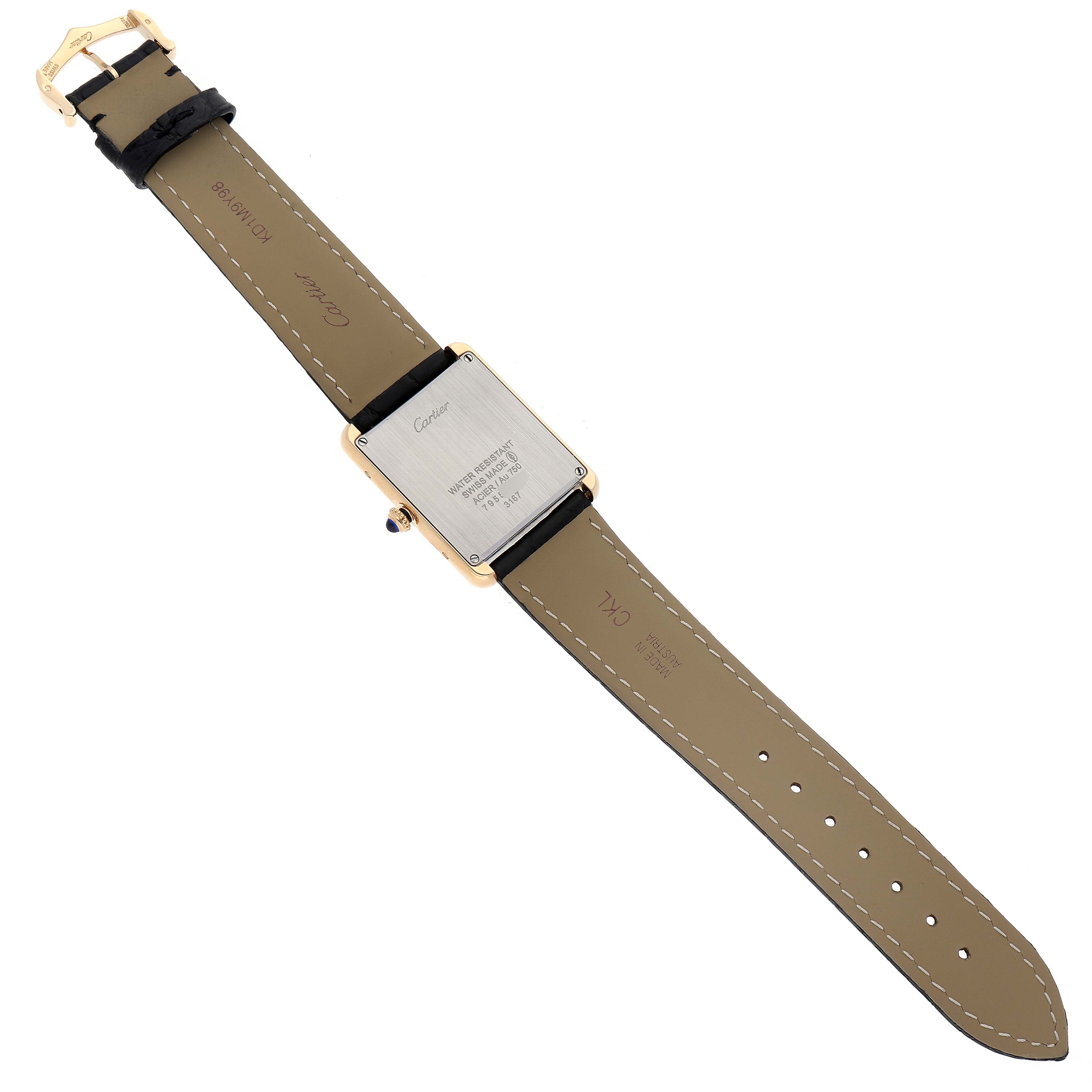 The image shows the back view of a Cartier Tank Solo W5200004 Men
s Steel and Gold (two tone) Silver Dial W5200004 Men
s Steel and Gold (two tone) Silver Dial watch, highlighting its case back, straps, and buckle.