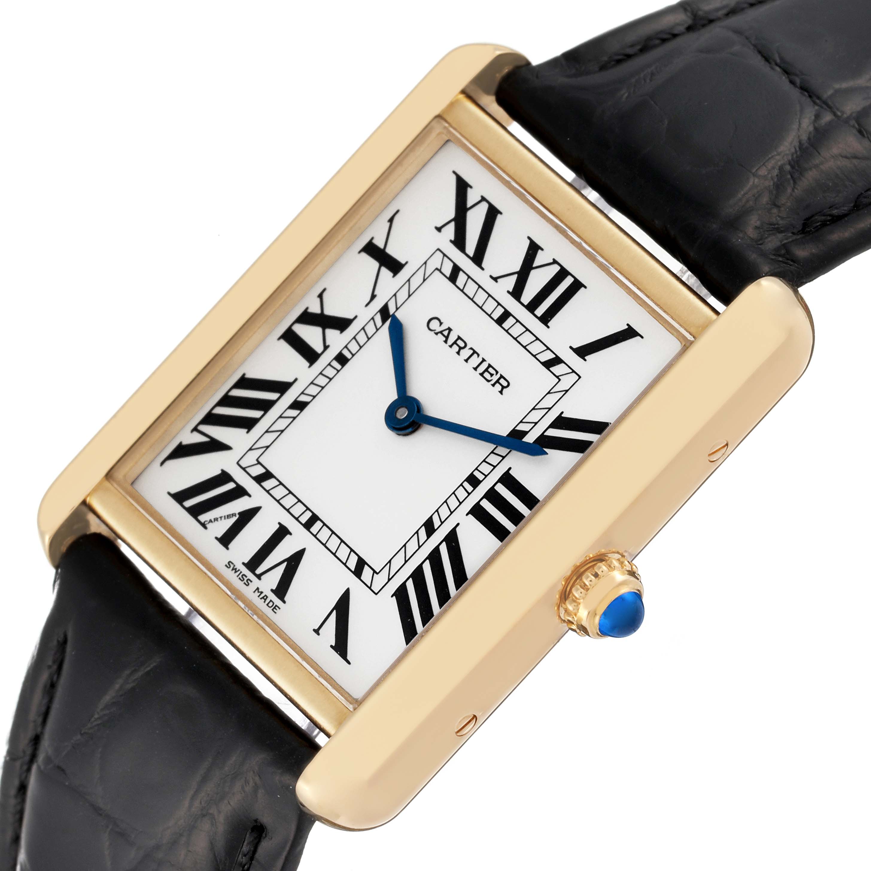 The image shows a close-up, angled view of a Cartier Tank Solo W5200004 Men
s Steel and Gold (two tone) Silver Dial W5200004 Men
s Steel and Gold (two tone) Silver Dial watch, highlighting its face, bezel, and part of the strap.