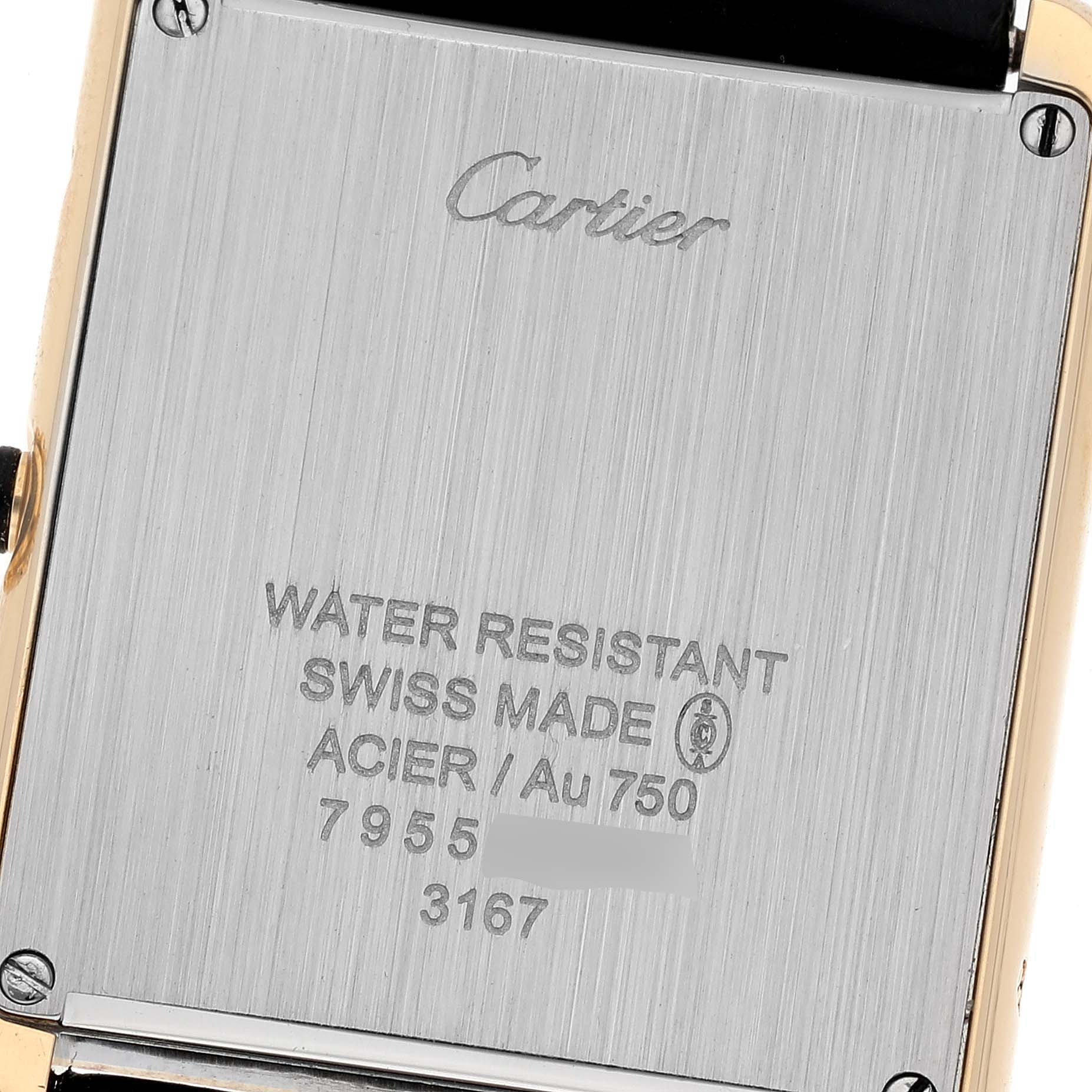 The image shows the back case of a Cartier Tank Solo W5200004 Men
s Steel and Gold (two tone) Silver Dial W5200004 Men
s Steel and Gold (two tone) Silver Dial watch with engraved model details.