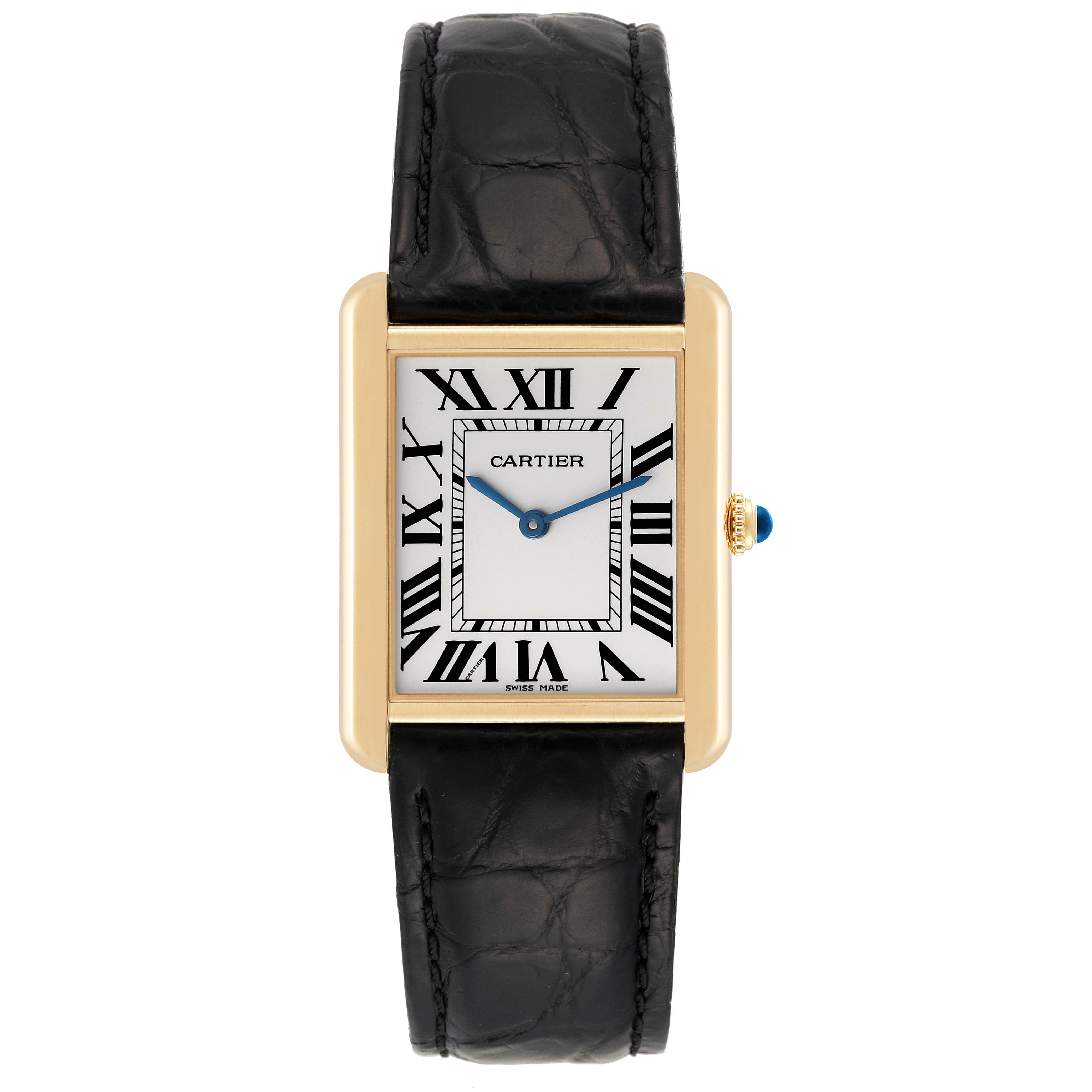 This image shows a front view of the Cartier Tank Solo W5200004 Men
s Steel and Gold (two tone) Silver Dial W5200004 Men
s Steel and Gold (two tone) Silver Dial watch, highlighting the face, Roman numerals, and black leather strap.