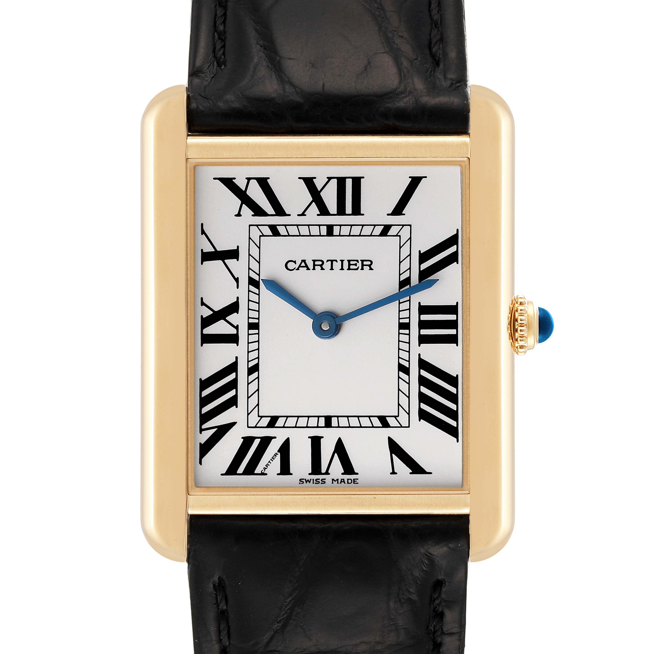 The image shows a frontal view of the Cartier Tank Solo W5200004 Men
s Steel and Gold (two tone) Silver Dial W5200004 Men
s Steel and Gold (two tone) Silver Dial watch, highlighting its dial, hands, and leather strap.