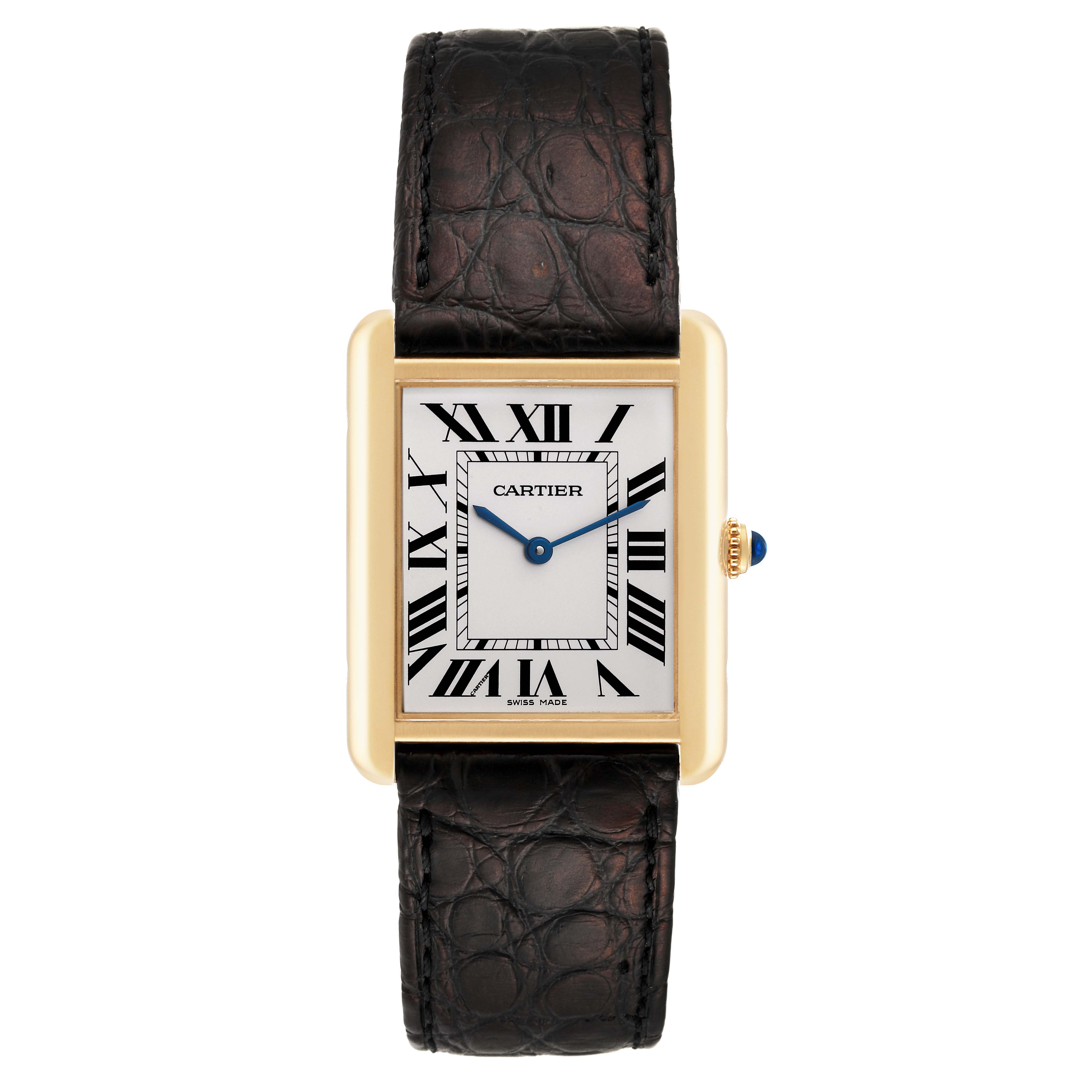 This image shows a front view of the Cartier Tank Solo W5200004 Men
s Steel and Gold (two tone) Silver Dial W5200004 Men
s Steel and Gold (two tone) Silver Dial watch, featuring its square face, Roman numerals, and leather strap.