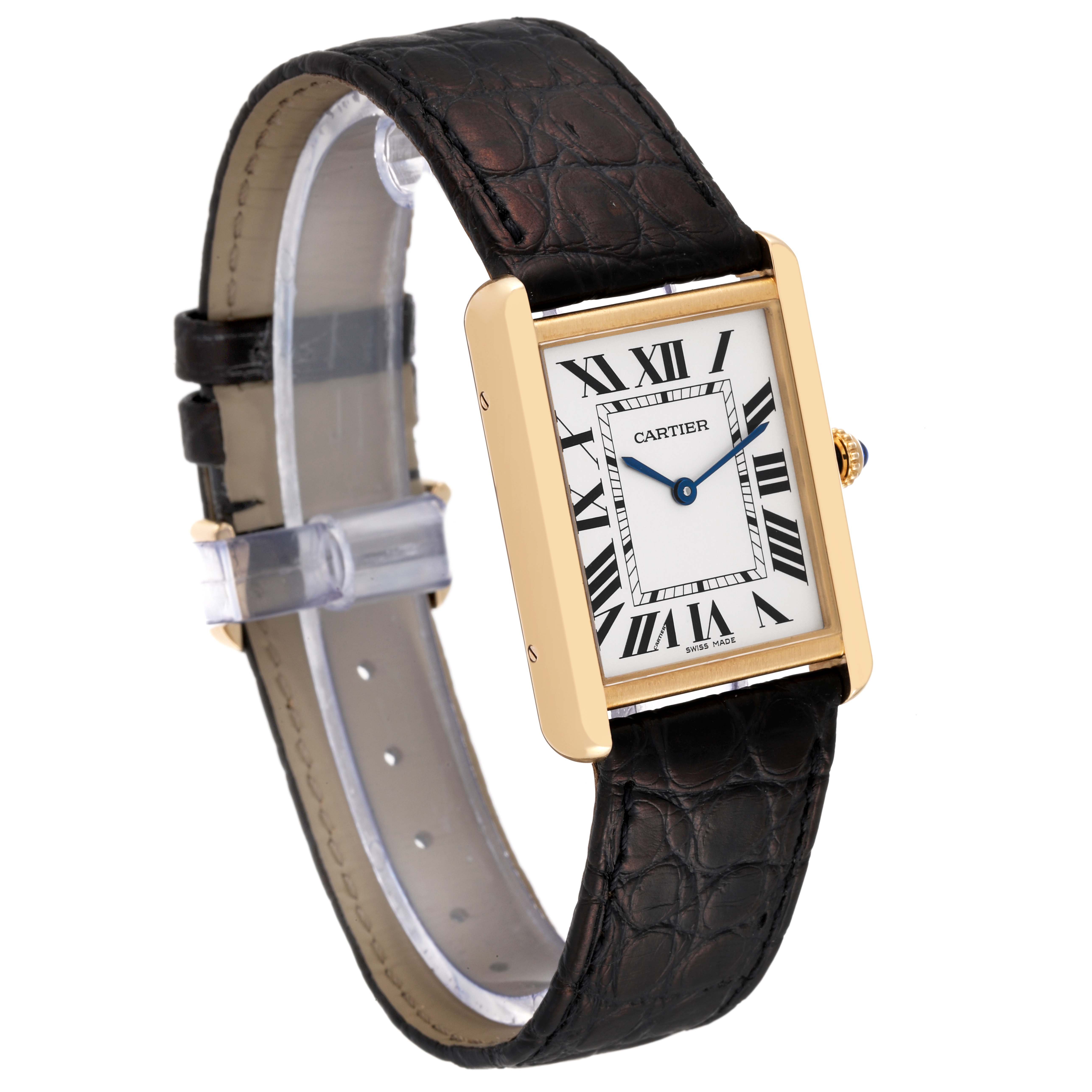 The Cartier Tank Solo W5200004 Men
s Steel and Gold (two tone) Silver Dial W5200004 Men
s Steel and Gold (two tone) Silver Dial watch is shown at an angled front view, displaying its face, Roman numerals, and leather strap.