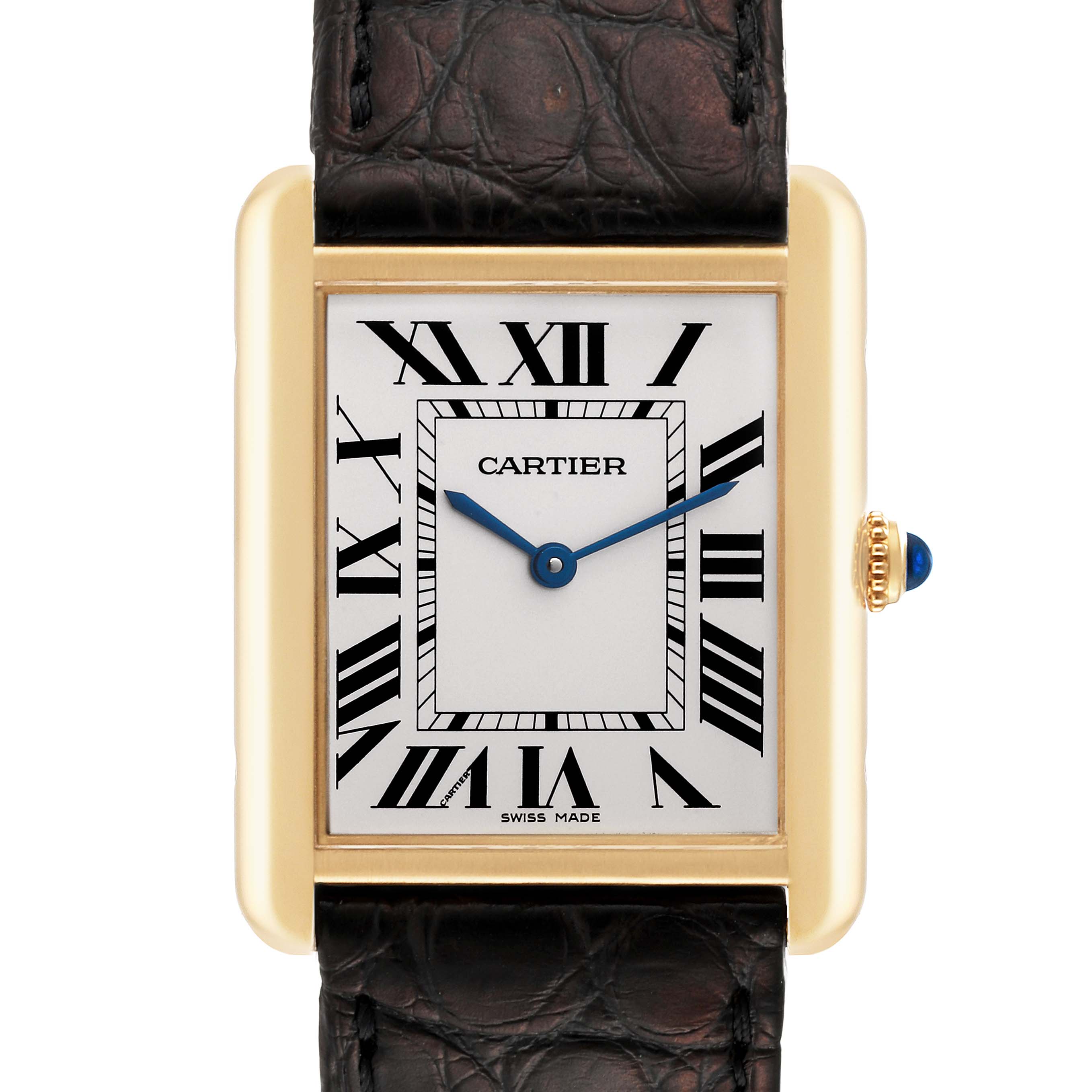 The image shows a Cartier Tank Solo W5200004 Men
s Steel and Gold (two tone) Silver Dial W5200004 Men
s Steel and Gold (two tone) Silver Dial watch from the front, highlighting its face, Roman numeral markers, and leather strap.