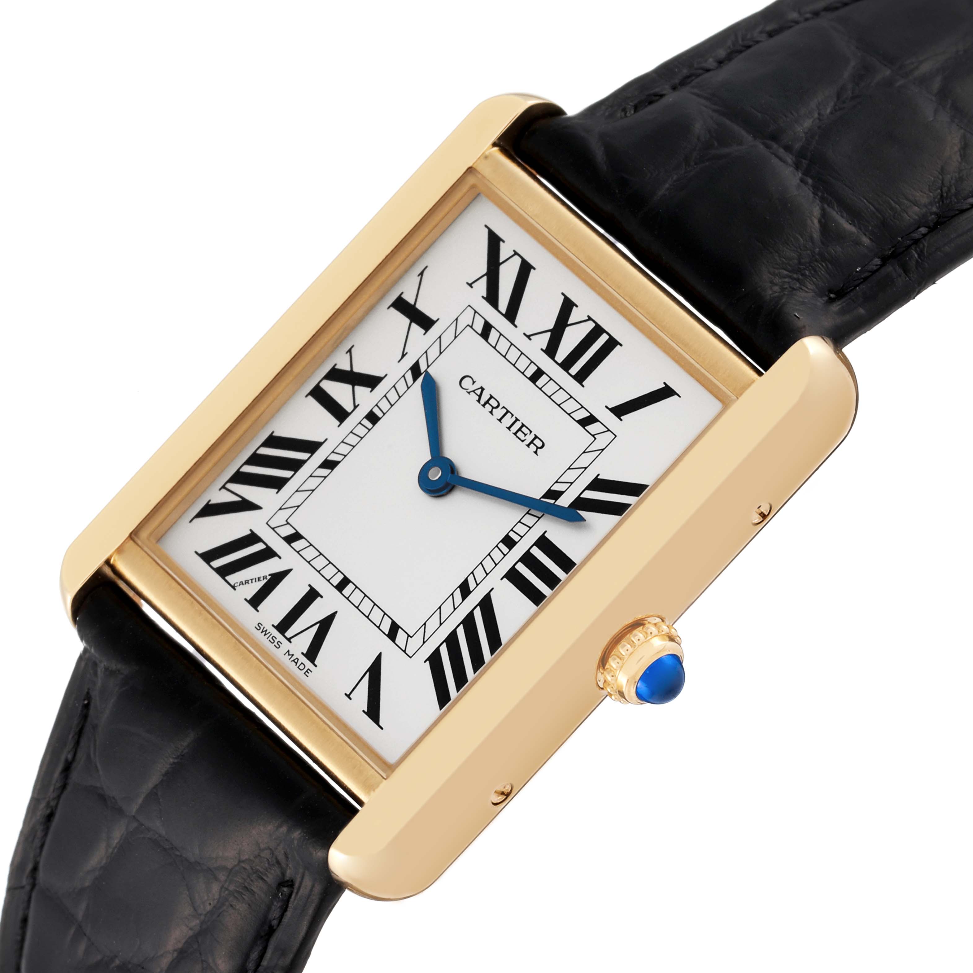 This is a close-up angled view of the Cartier Tank Solo W5200004 Men
s Yellow Gold Silver Dial W5200004 Men
s Yellow Gold Silver Dial watch, showing the face, crown, and part of the strap.