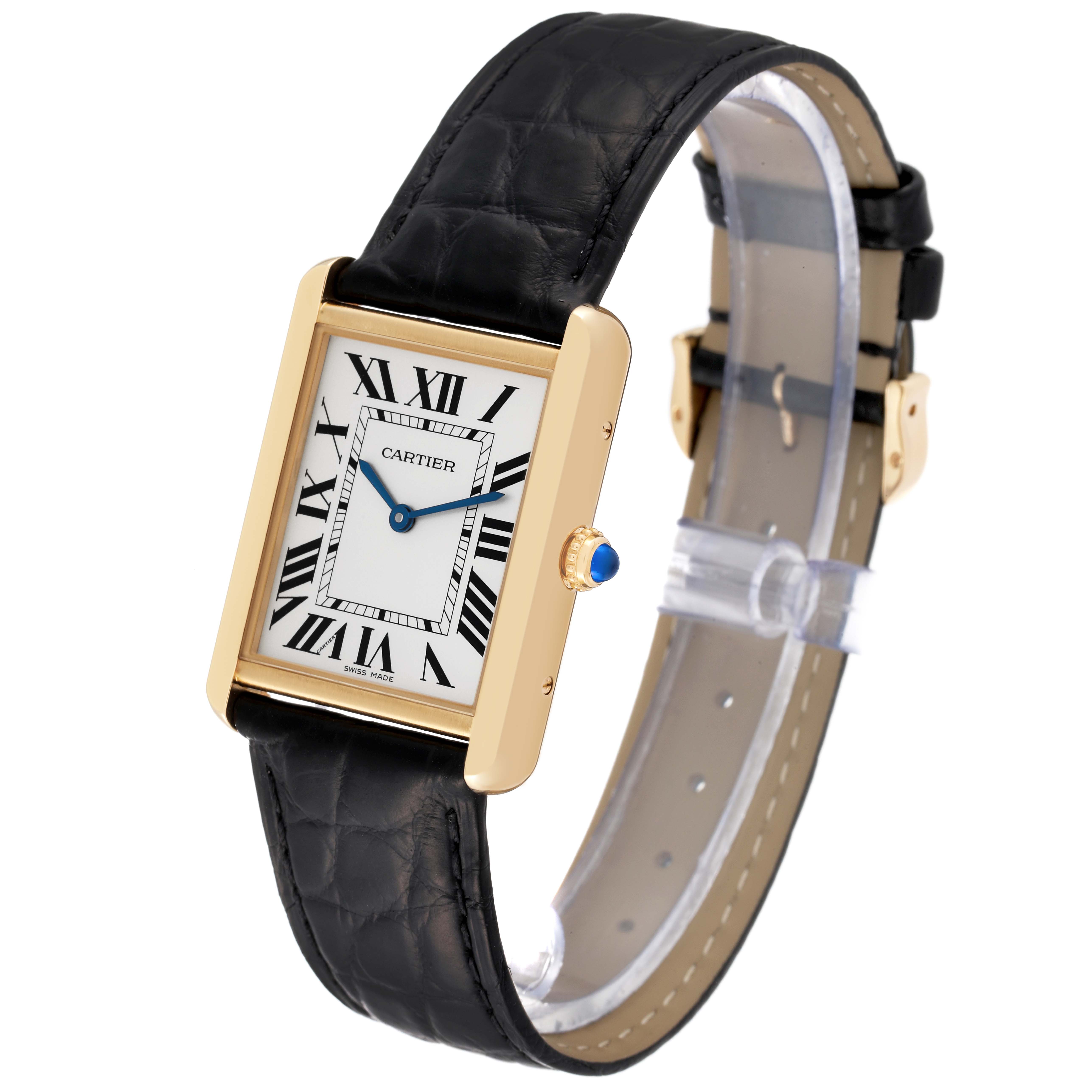 The image shows a Cartier Tank Solo W5200004 Men
s Yellow Gold Silver Dial W5200004 Men
s Yellow Gold Silver Dial watch from a three-quarter angle, highlighting its rectangular dial and black leather strap.