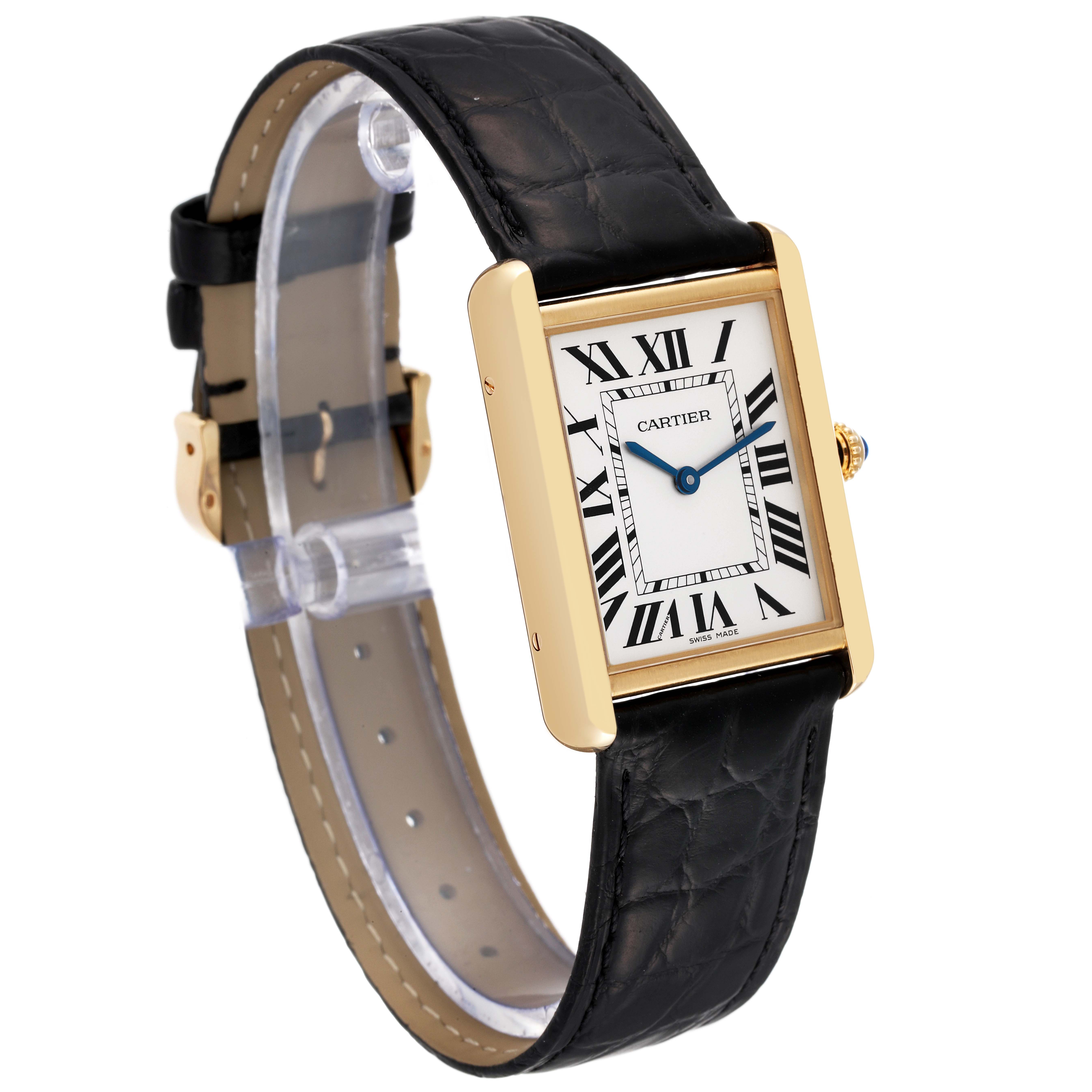 The Cartier Tank Solo W5200004 Men
s Yellow Gold Silver Dial W5200004 Men
s Yellow Gold Silver Dial watch is shown at a slight angle, highlighting the face, leather strap, and gold case.
