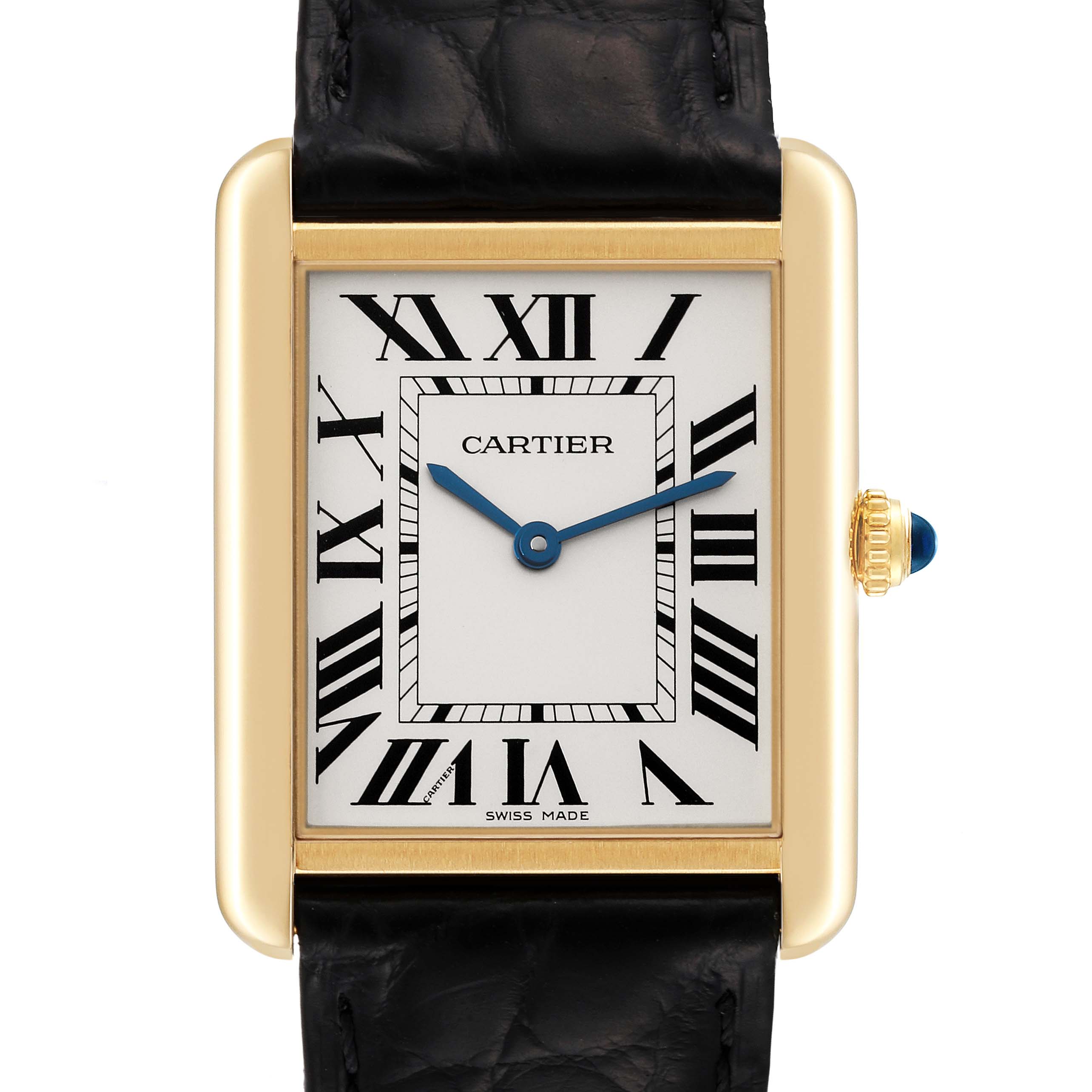 The image shows a frontal view of the Cartier Tank Solo W5200004 Men
s Yellow Gold Silver Dial W5200004 Men
s Yellow Gold Silver Dial watch, highlighting its gold case, Roman numerals, and black leather strap.