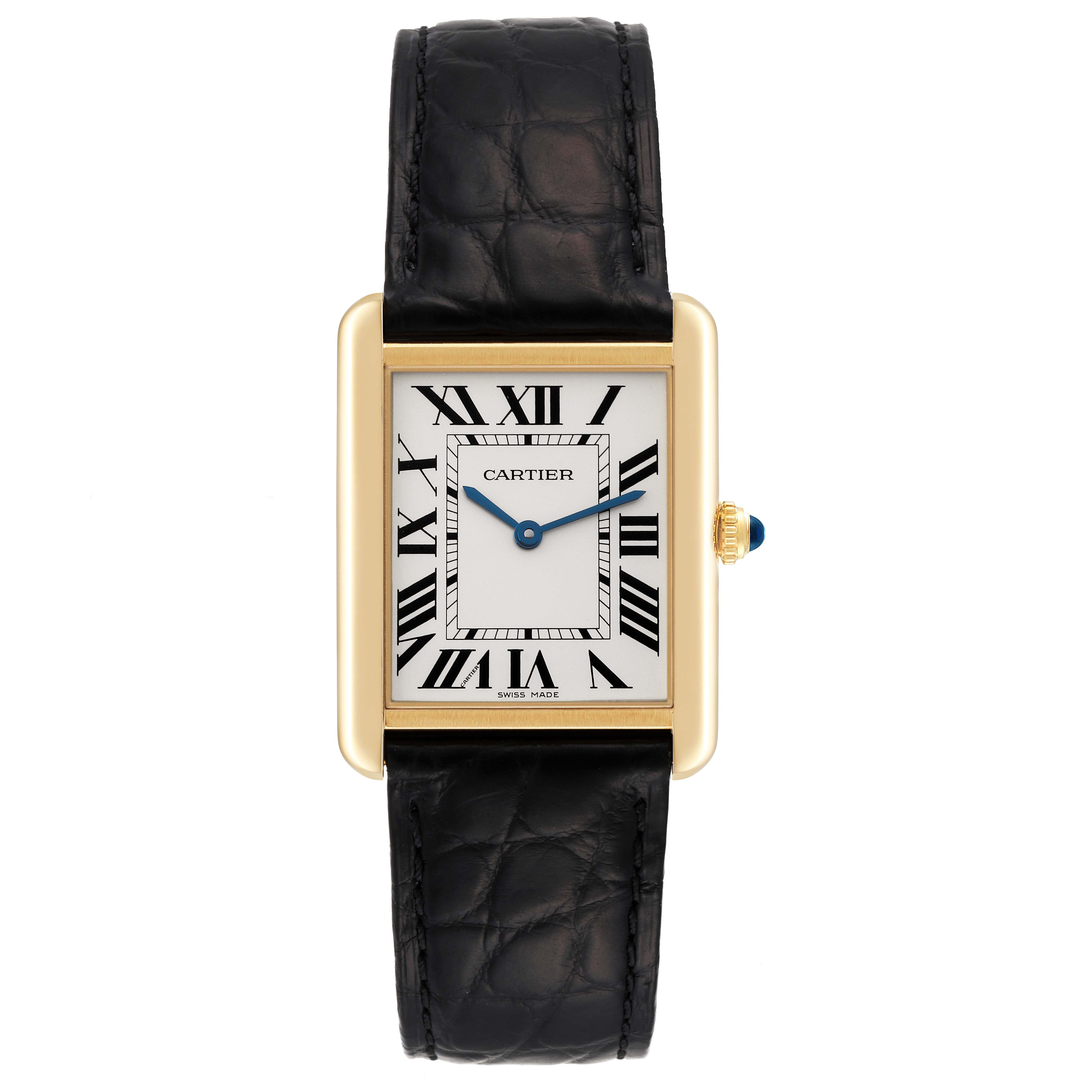 This image shows a front view of the Cartier Tank Solo W5200004 Men
s Yellow Gold Silver Dial W5200004 Men
s Yellow Gold Silver Dial watch, highlighting its rectangular dial, Roman numerals, and black leather strap.