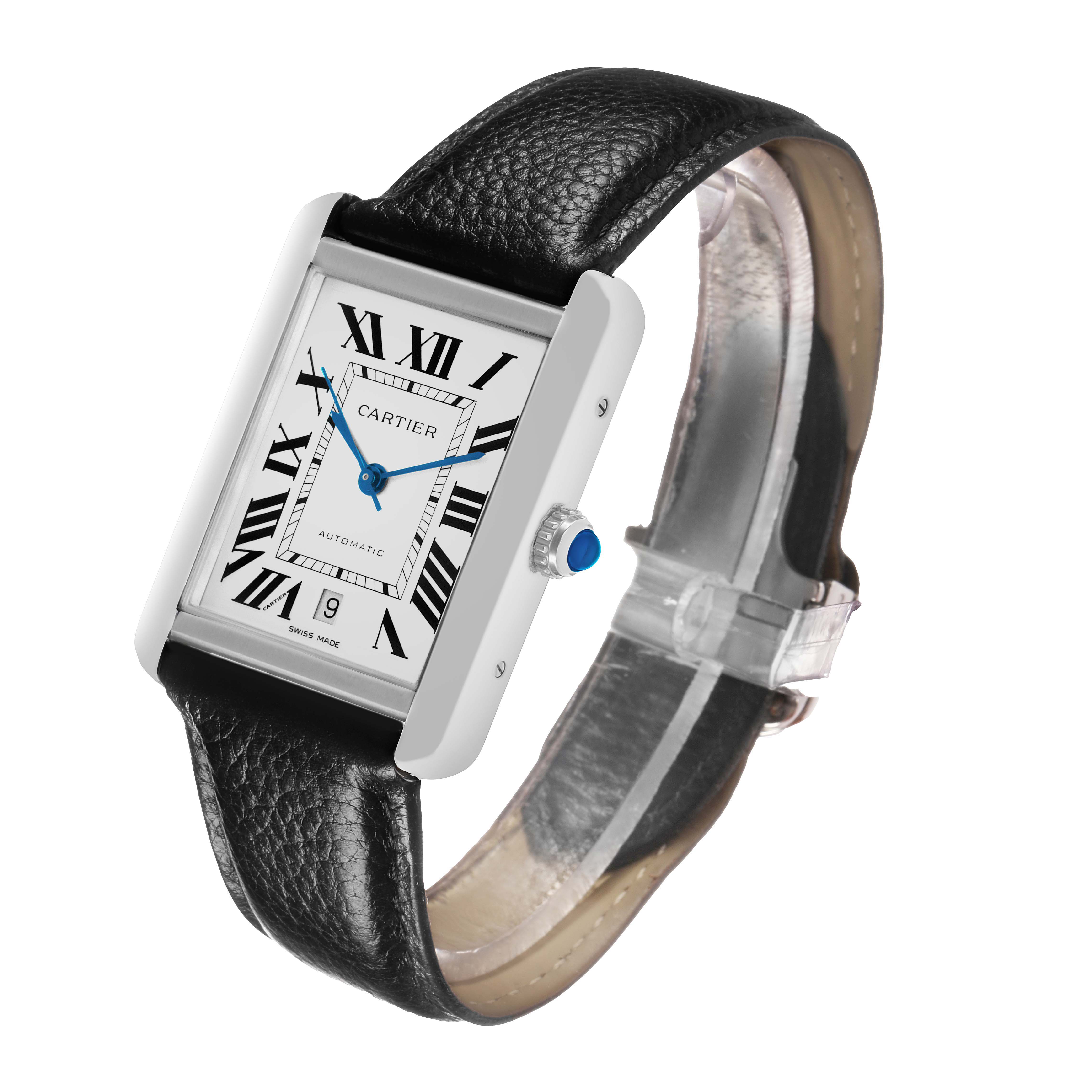 The Cartier Tank Solo W5200027 Men's Stainless Steel Silver Dial watch is shown at an angled side view, featuring its rectangular face, Roman numerals, and leather strap.