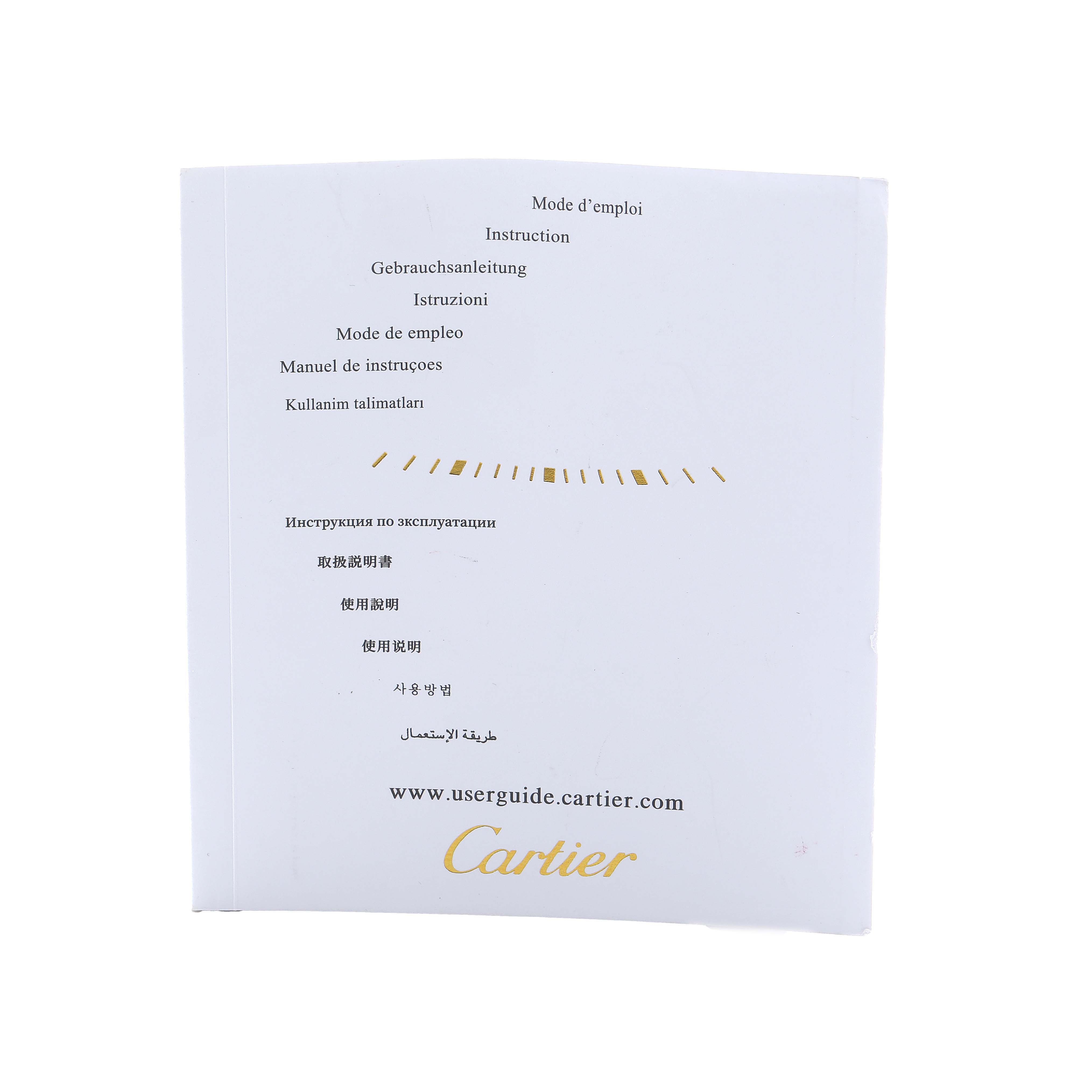 The image shows the instruction manual for the Cartier Tank Solo W5200027 Men's Stainless Steel Silver Dial watch.