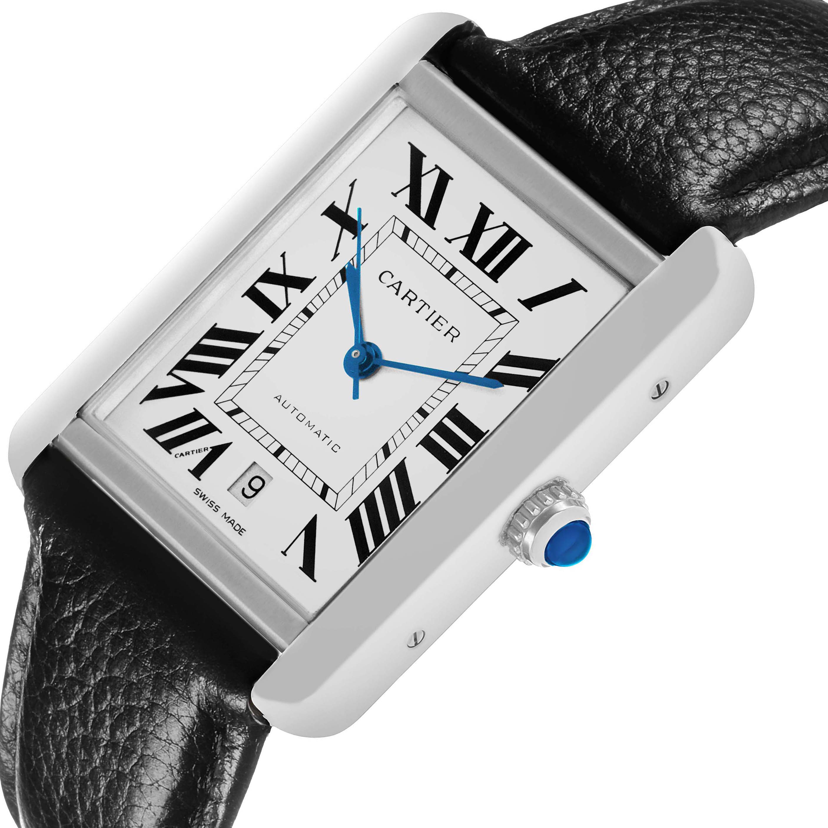 The Cartier Tank Solo W5200027 Men's Stainless Steel Silver Dial watch is shown at a front-slanting angle, featuring the face, blue hands, Roman numerals, crown, and black leather strap.