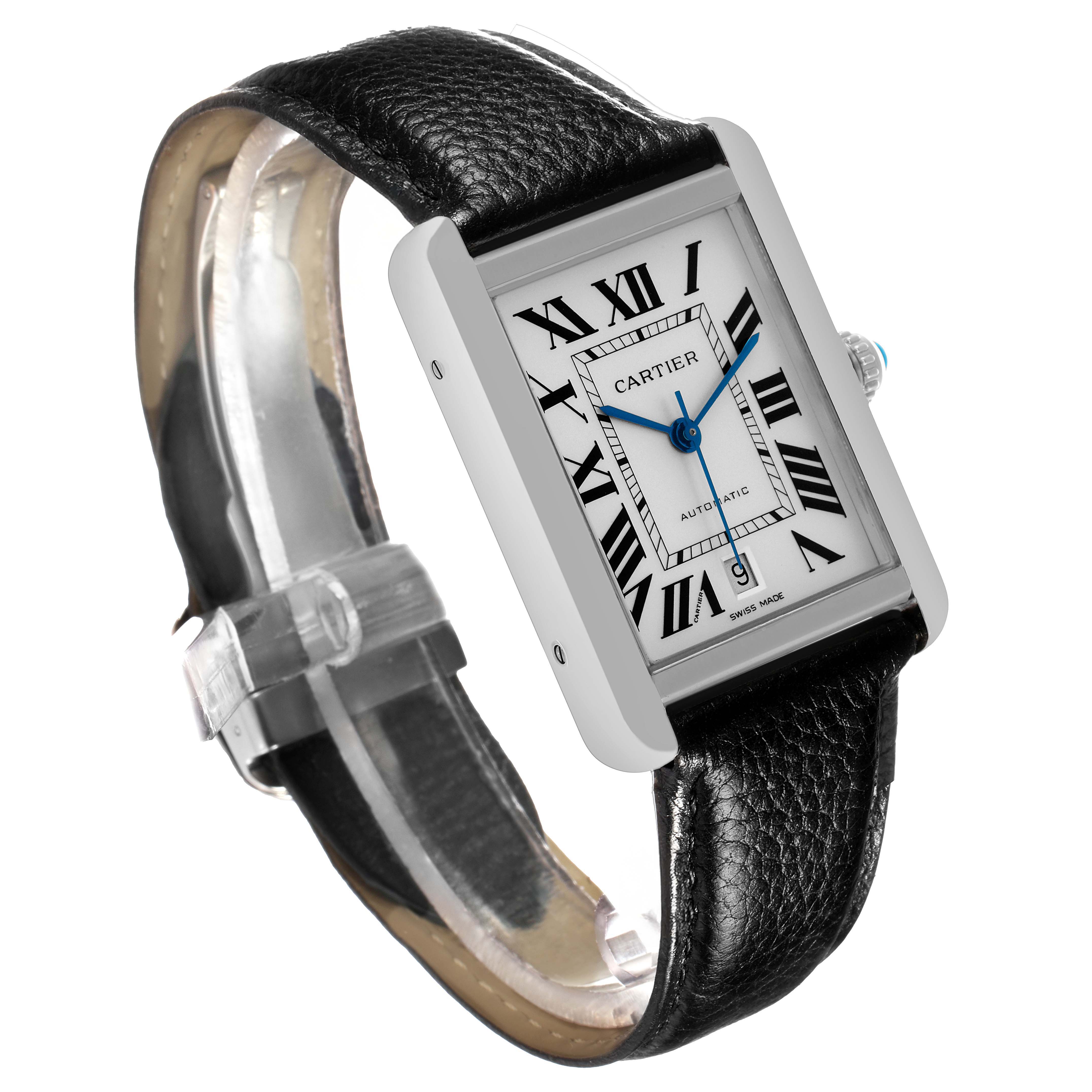 The Cartier Tank Solo W5200027 Men's Stainless Steel Silver Dial watch is shown at a slight angle, highlighting the face, case, leather strap, and clasp.