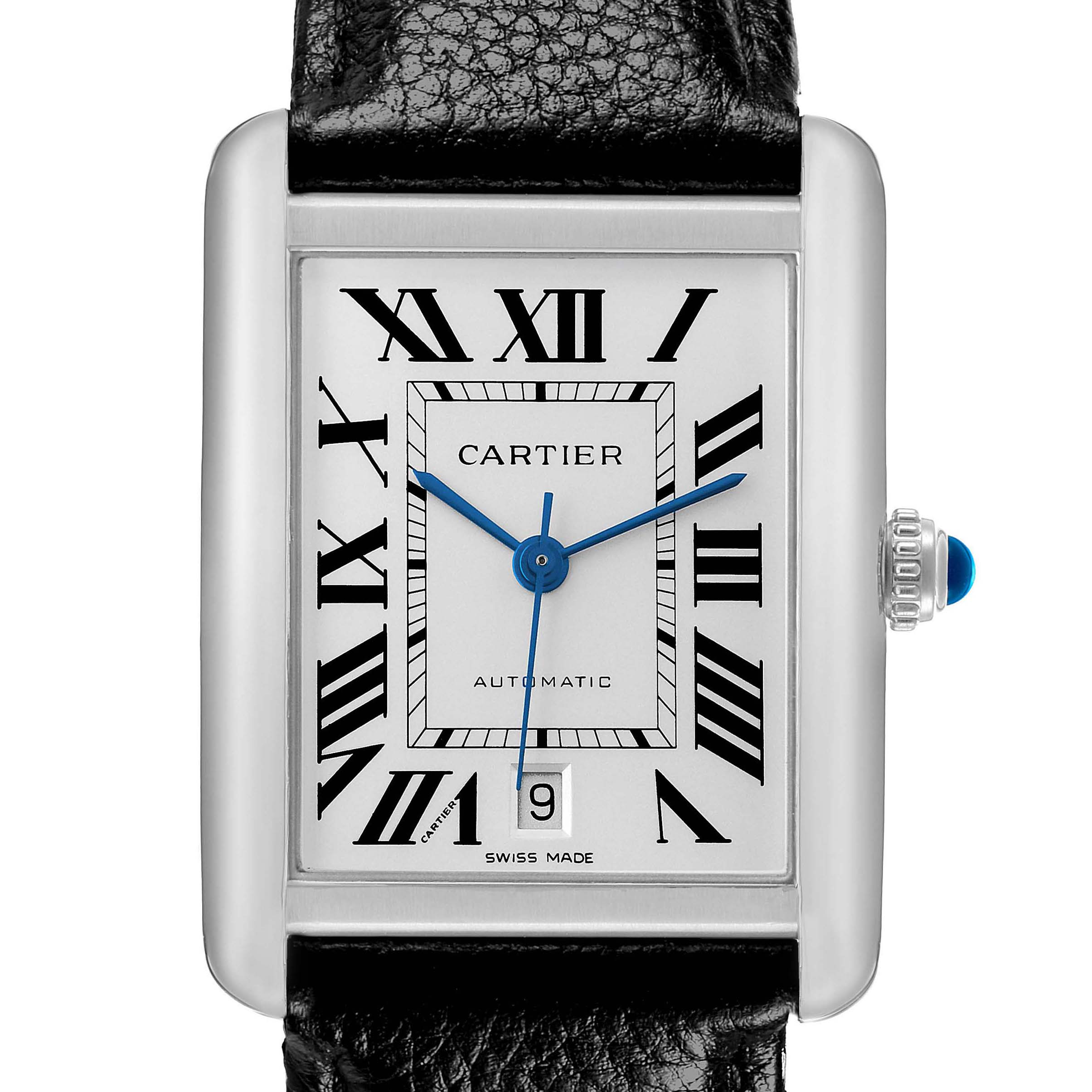 The Cartier Tank Solo W5200027 Men's Stainless Steel Silver Dial watch is shown from the front, displaying its face, Roman numerals, and a black leather strap.