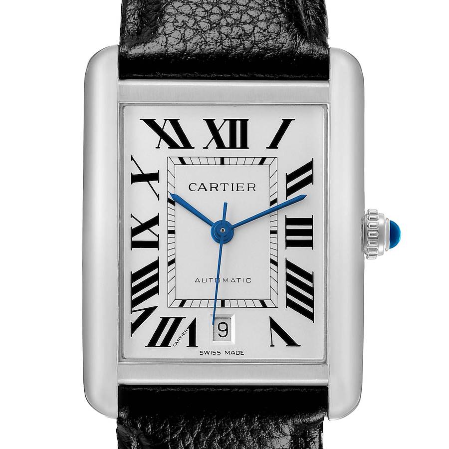 The Cartier Tank Solo W5200027 Men's Stainless Steel Silver Dial watch is shown from the front, displaying its face, Roman numerals, and a black leather strap.