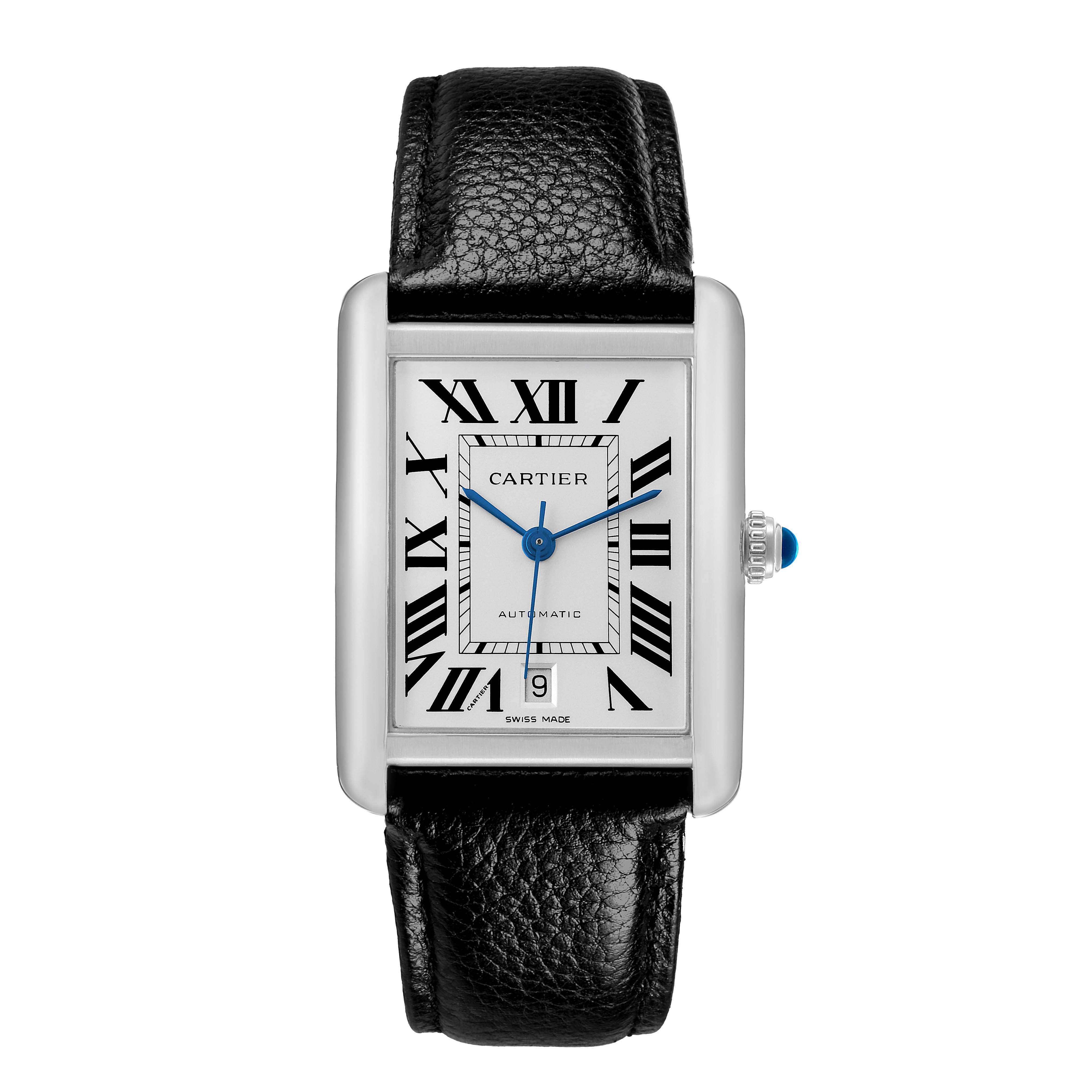 The Cartier Tank Solo W5200027 Men's Stainless Steel Silver Dial watch is shown from a front angle, highlighting its rectangular dial, Roman numerals, and black leather strap.