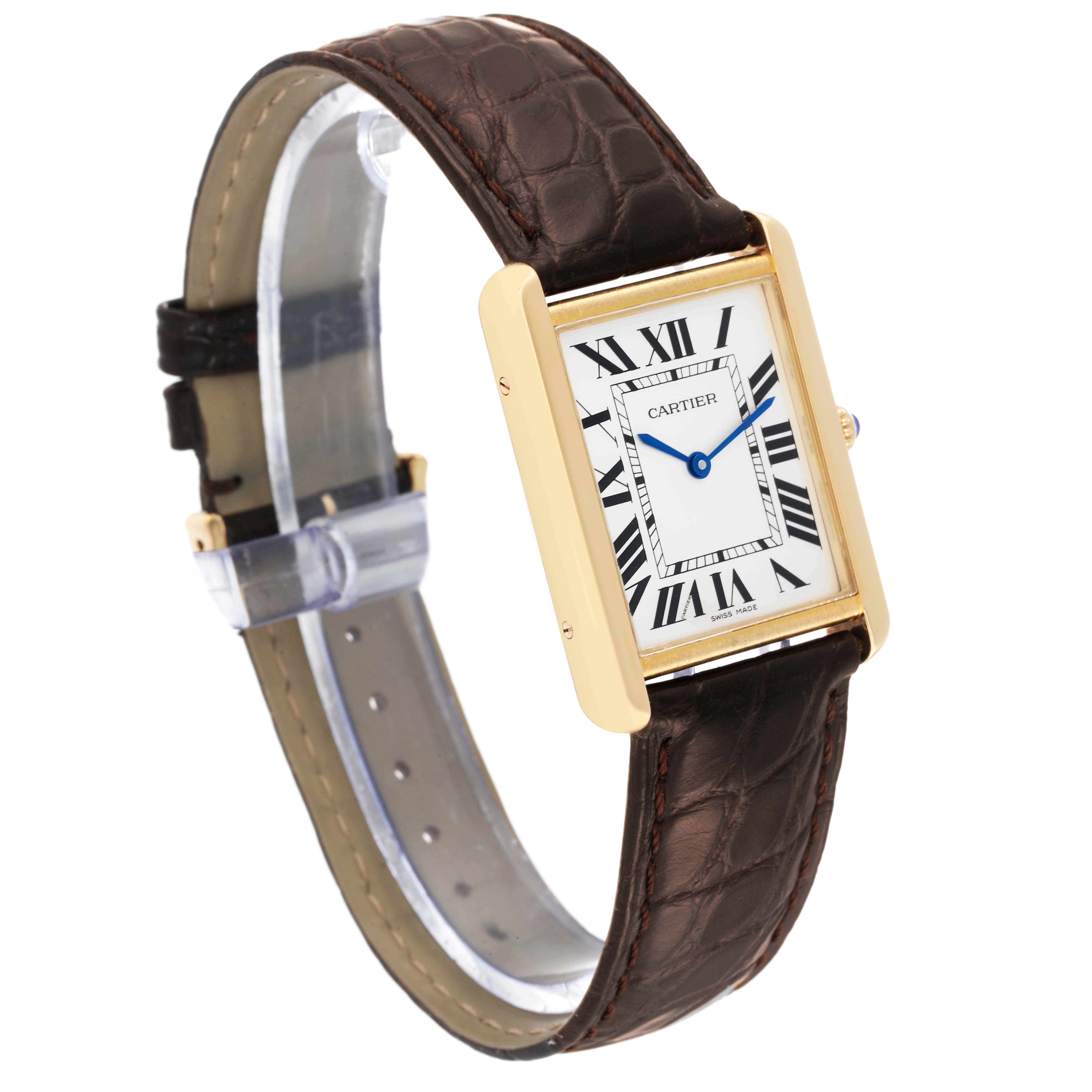 The image shows a Cartier Tank Solo W1018855 Men
s Steel and Gold (two tone) Silver Dial W1018855 Men
s Steel and Gold (two tone) Silver Dial watch at a slight angle, highlighting its rectangular face, Roman numerals, and brown leather strap.