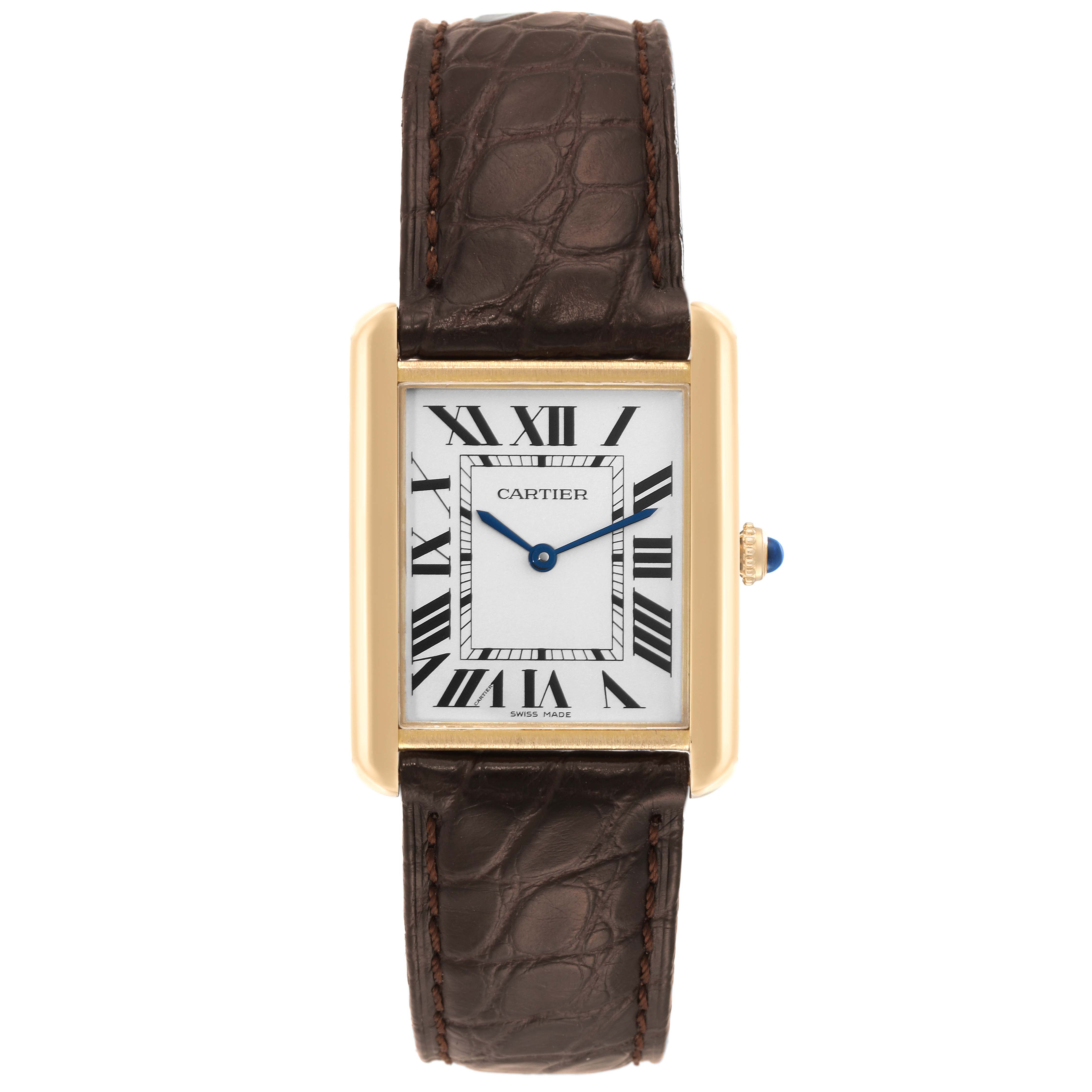 The image shows a front view of the Cartier Tank Solo W1018855 Men
s Steel and Gold (two tone) Silver Dial W1018855 Men
s Steel and Gold (two tone) Silver Dial watch, displaying its rectangular dial and brown leather strap.
