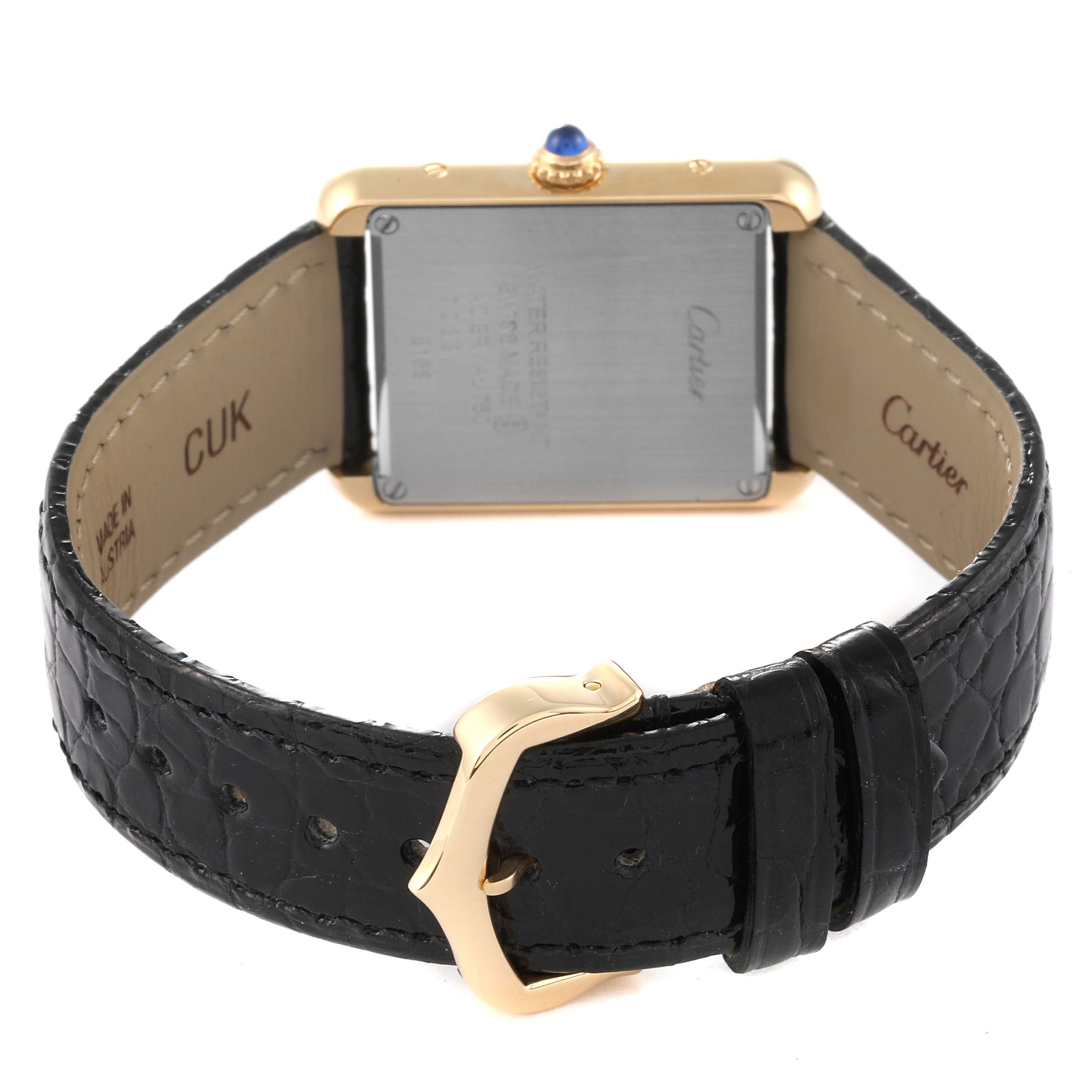 The image shows the back and strap of a Cartier Tank Solo W5200002 Women's Yellow Gold Silver Dial W5200002 Women's Yellow Gold Silver Dial watch, highlighting the leather band and clasp.