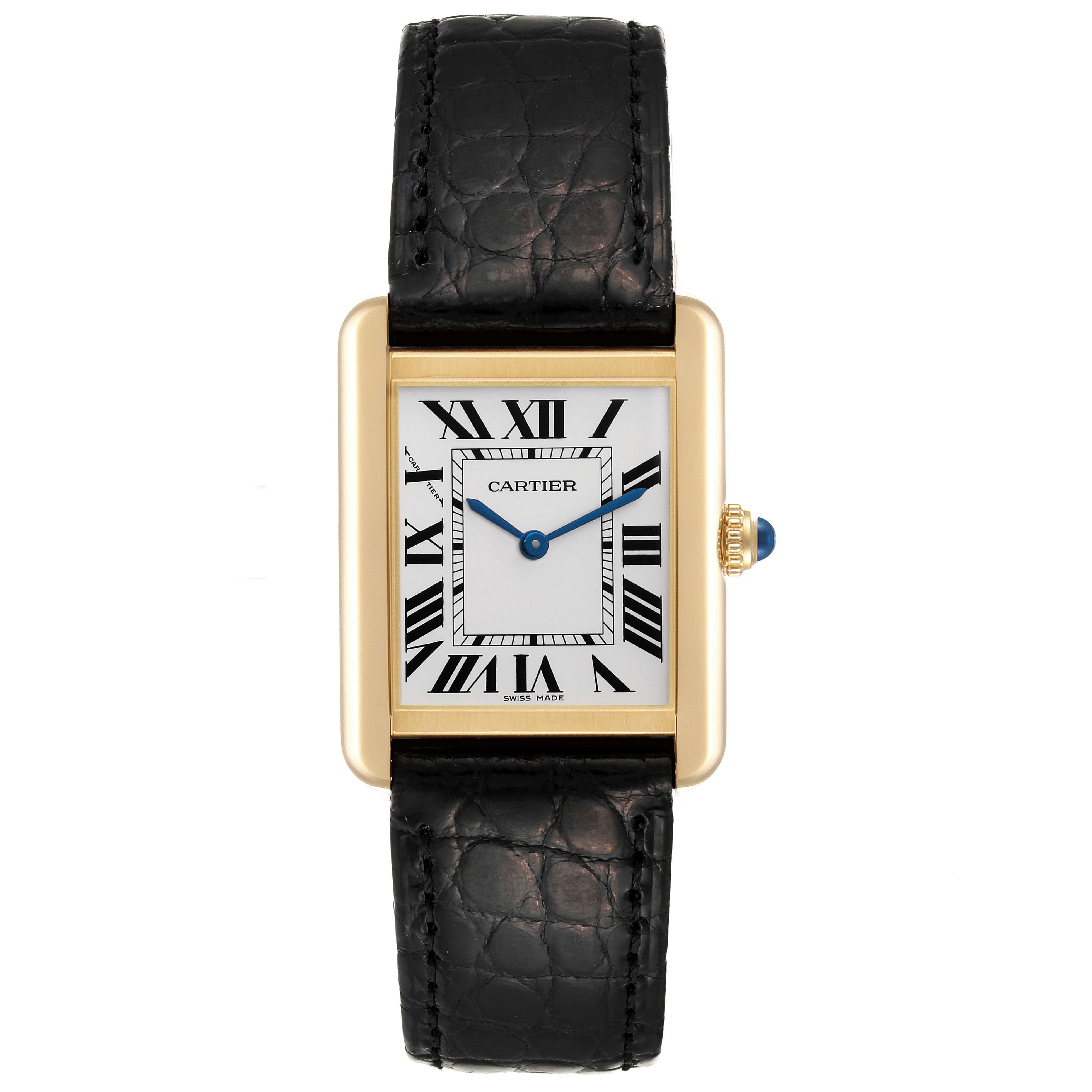 This image shows a front view of the Cartier Tank Solo W5200002 Women's Yellow Gold Silver Dial W5200002 Women's Yellow Gold Silver Dial watch, highlighting its rectangular face, Roman numerals, and black leather strap.