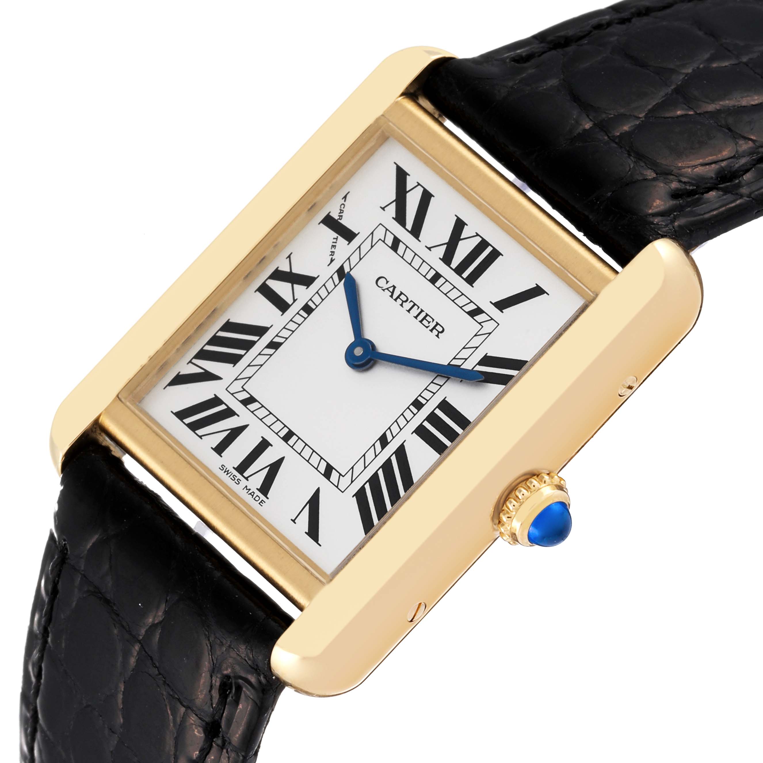 The Cartier Tank Solo W5200002 Women's Yellow Gold Silver Dial W5200002 Women's Yellow Gold Silver Dial watch is shown at an angled view highlighting its Roman numeral dial, gold case, and black leather strap.