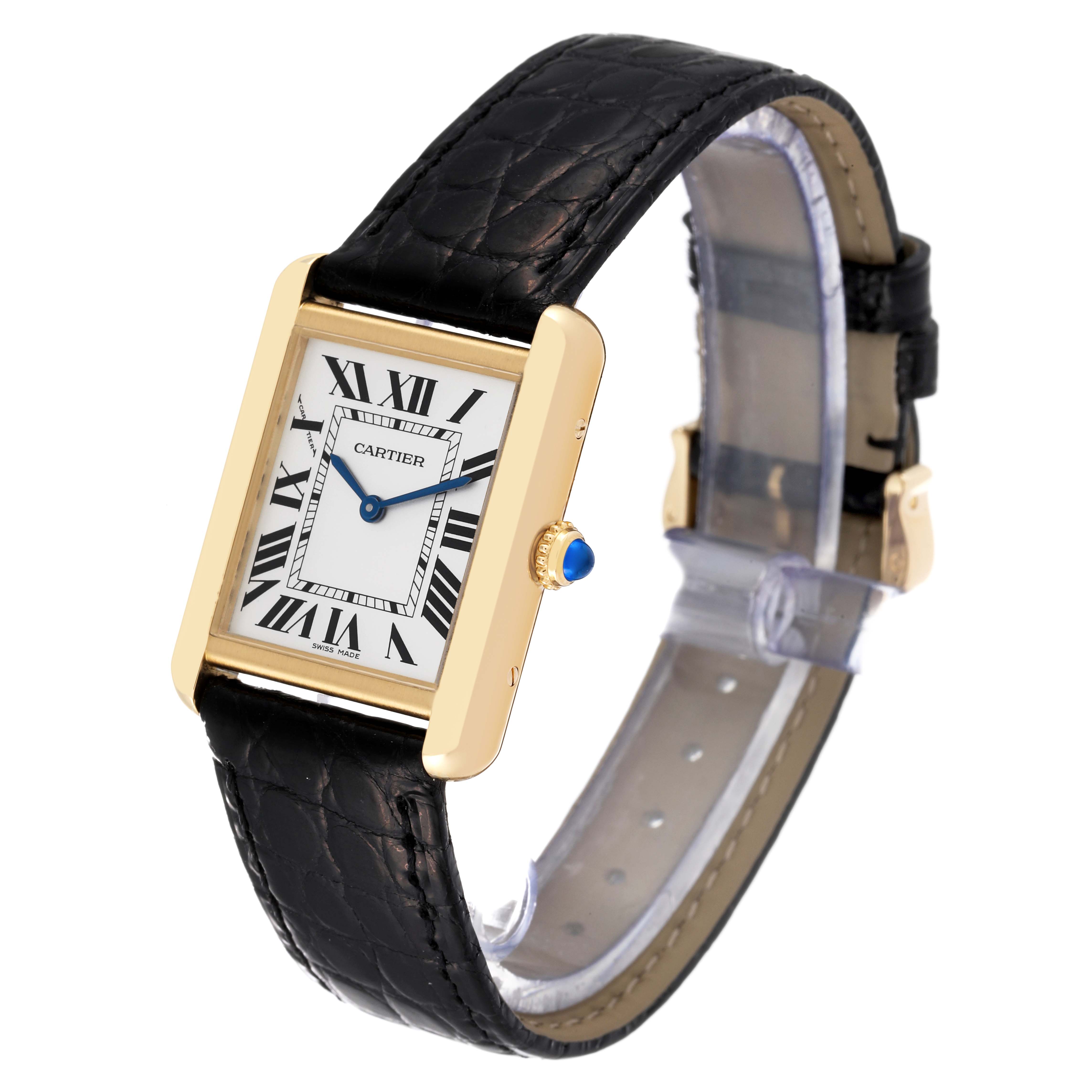 This image shows the Cartier Tank Solo W5200002 Women's Yellow Gold Silver Dial W5200002 Women's Yellow Gold Silver Dial watch at an angled view, displaying the face, strap, and side crown.