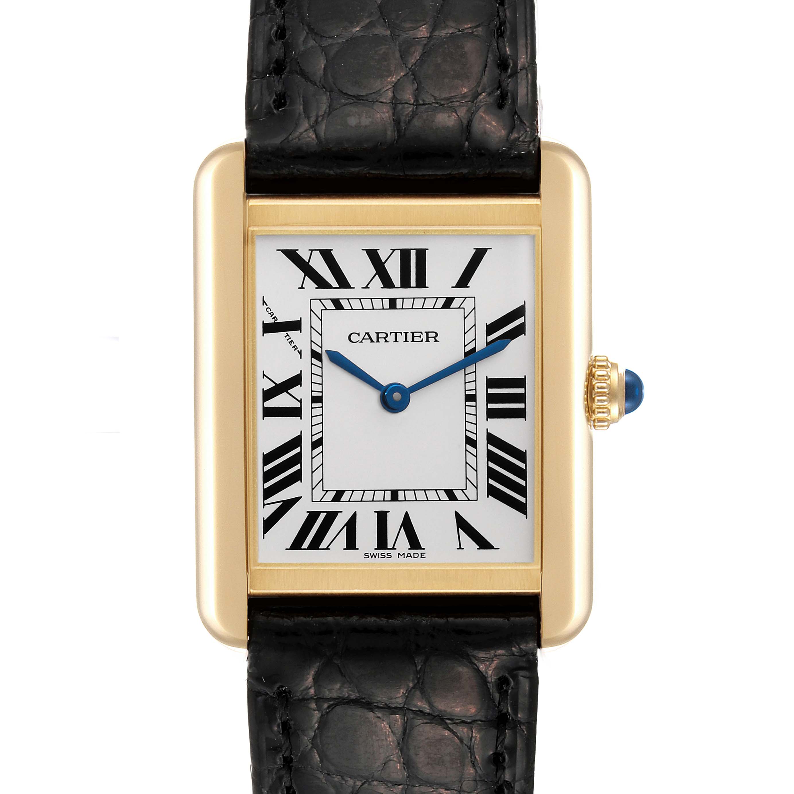 The image shows a front view of the Cartier Tank Solo W5200002 Women's Yellow Gold Silver Dial W5200002 Women's Yellow Gold Silver Dial watch, highlighting its rectangular face, Roman numerals, and leather strap.