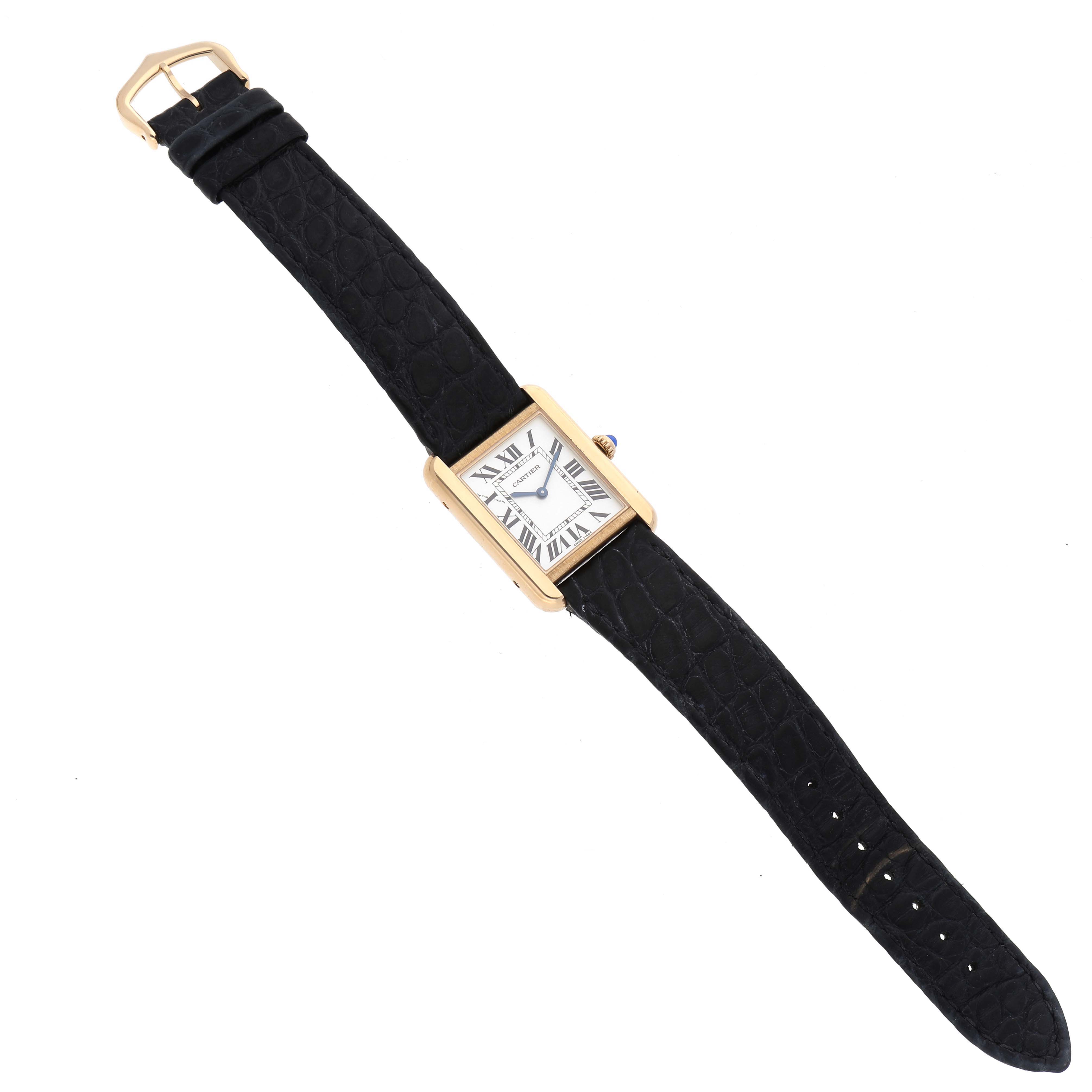 The Cartier Tank Solo W5200002 Women
s Steel and Gold (two tone) Silver Dial W5200002 Women
s Steel and Gold (two tone) Silver Dial watch is shown flat with a clear view of its rectangular face, black strap, and gold buckle.