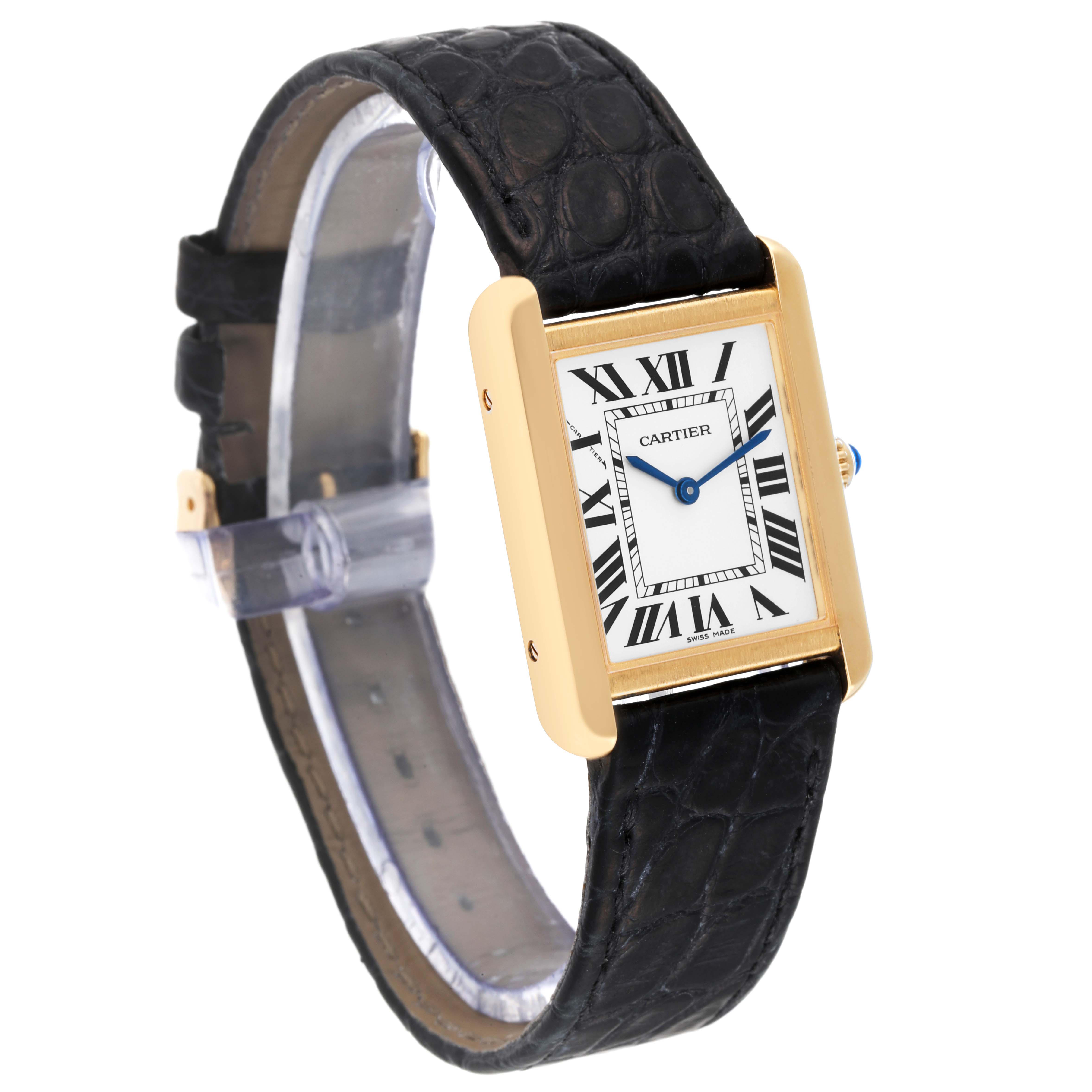 The image shows a Cartier Tank Solo W5200002 Women
s Steel and Gold (two tone) Silver Dial W5200002 Women
s Steel and Gold (two tone) Silver Dial watch at a three-quarter angle, highlighting the face, black strap, and gold case.