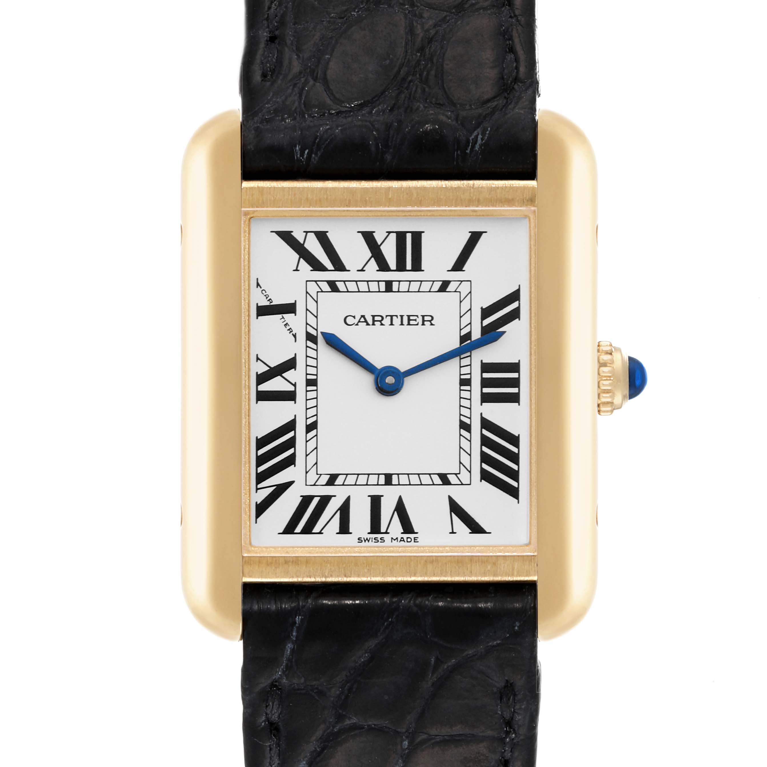 This image shows a frontal view of the Cartier Tank Solo W5200002 Women
s Steel and Gold (two tone) Silver Dial W5200002 Women
s Steel and Gold (two tone) Silver Dial watch, highlighting its dial, gold case, and black leather strap.