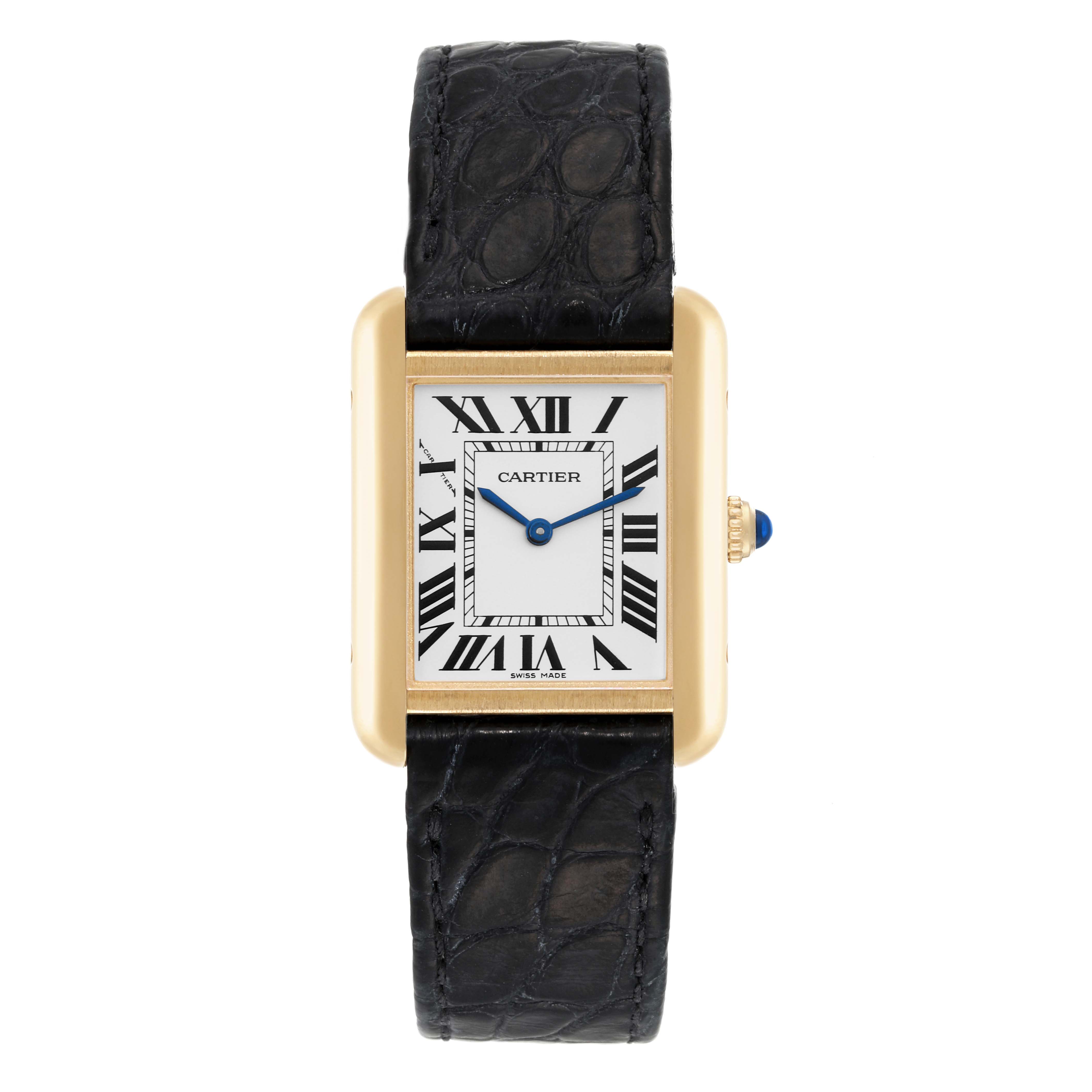 The image shows a Cartier Tank Solo W5200002 Women
s Steel and Gold (two tone) Silver Dial W5200002 Women
s Steel and Gold (two tone) Silver Dial watch from a front view, highlighting its rectangular face, Roman numerals, and black leather strap.