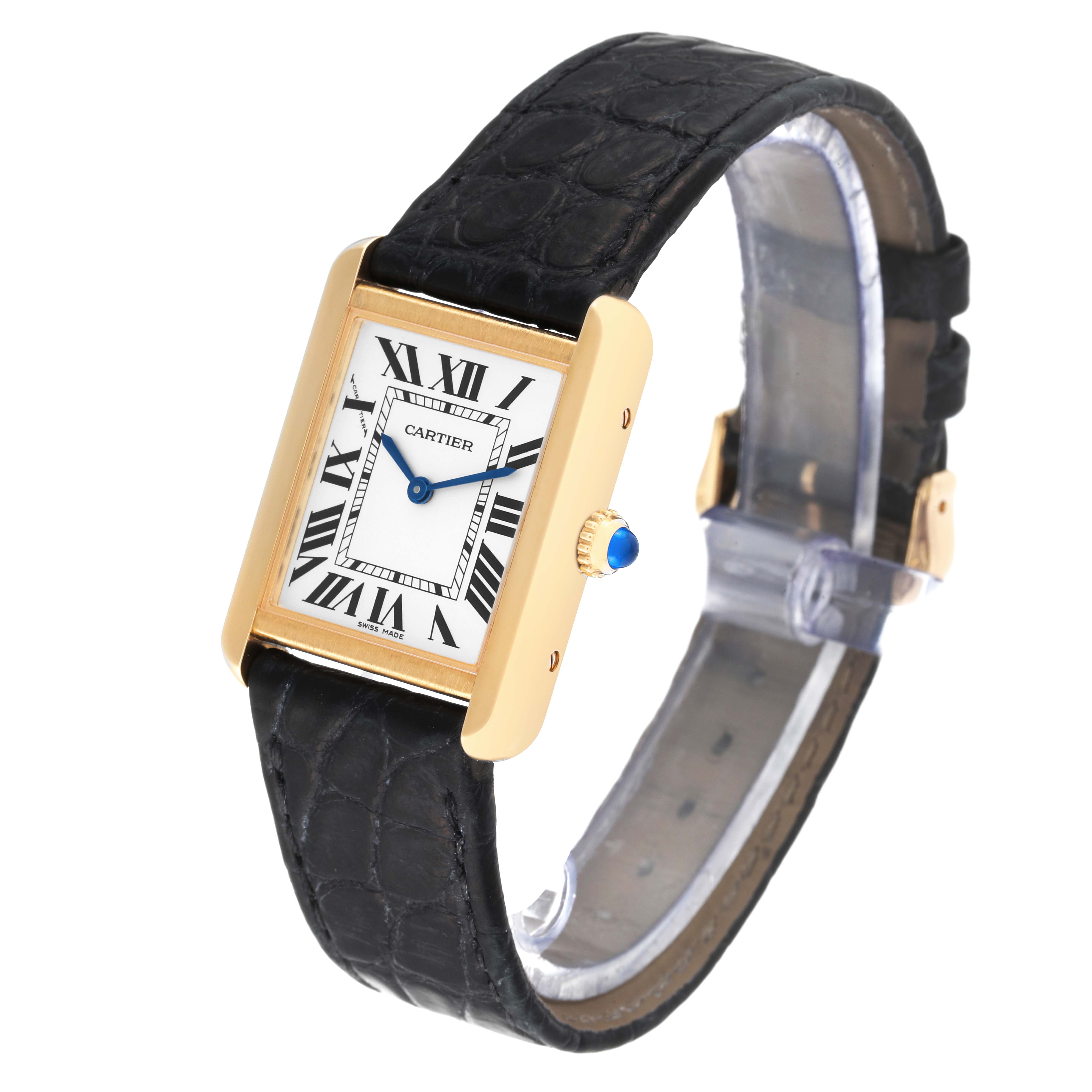 The Cartier Tank Solo W5200002 Women
s Steel and Gold (two tone) Silver Dial W5200002 Women
s Steel and Gold (two tone) Silver Dial watch is shown at a three-quarter angle highlighting the black strap, gold case, and its white dial with Roman numerals.