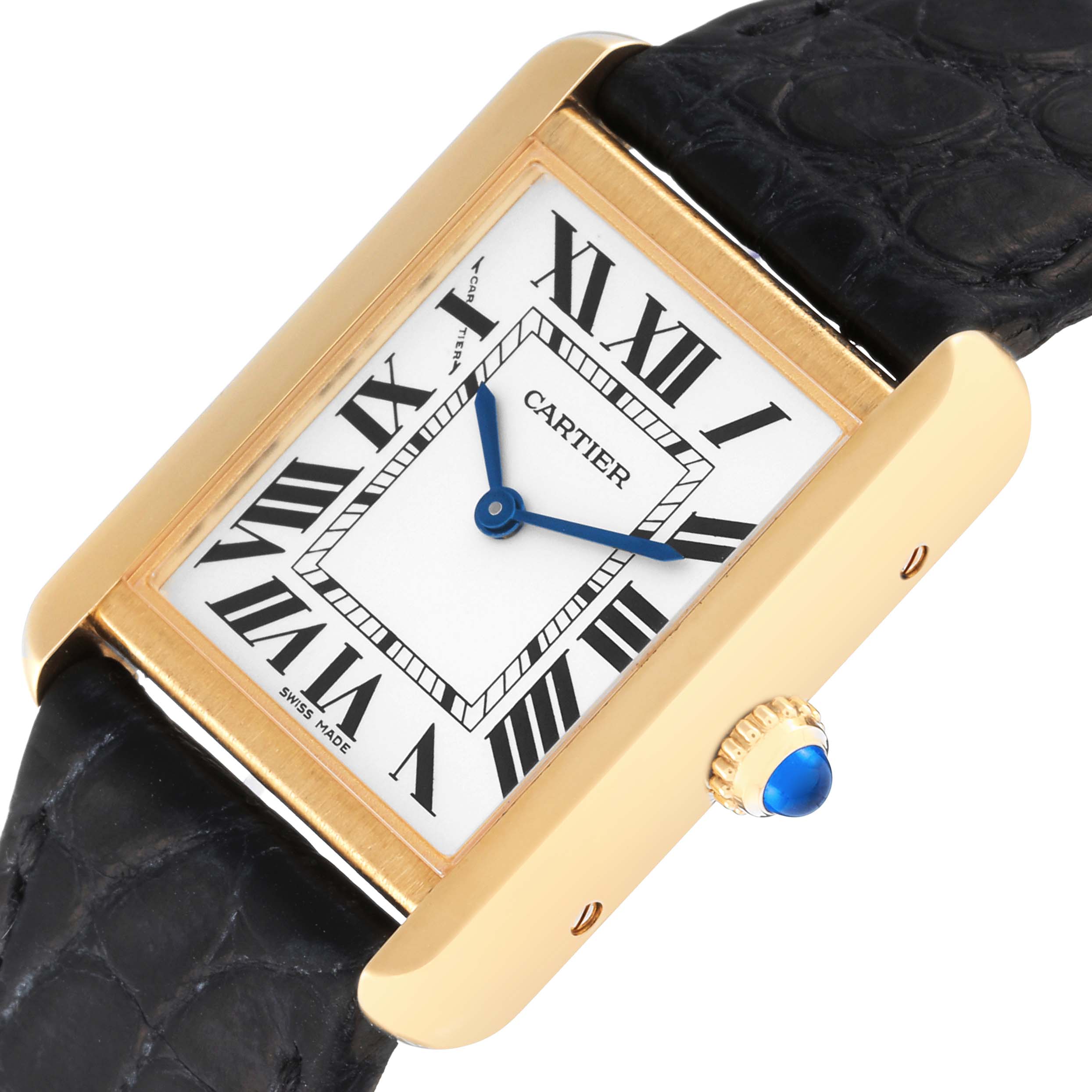 The image shows a close-up of the Cartier Tank Solo W5200002 Women
s Steel and Gold (two tone) Silver Dial W5200002 Women
s Steel and Gold (two tone) Silver Dial watch, angled to display the face, gold casing, crown, and part of the black strap.