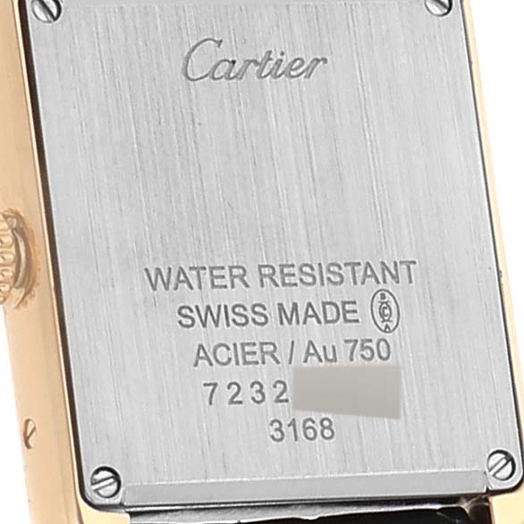 This image shows the back of a Cartier Tank Solo W5200002 Women
s Steel and Gold (two tone) Silver Dial W5200002 Women
s Steel and Gold (two tone) Silver Dial watch, displaying the brand name, model details, and specifications.