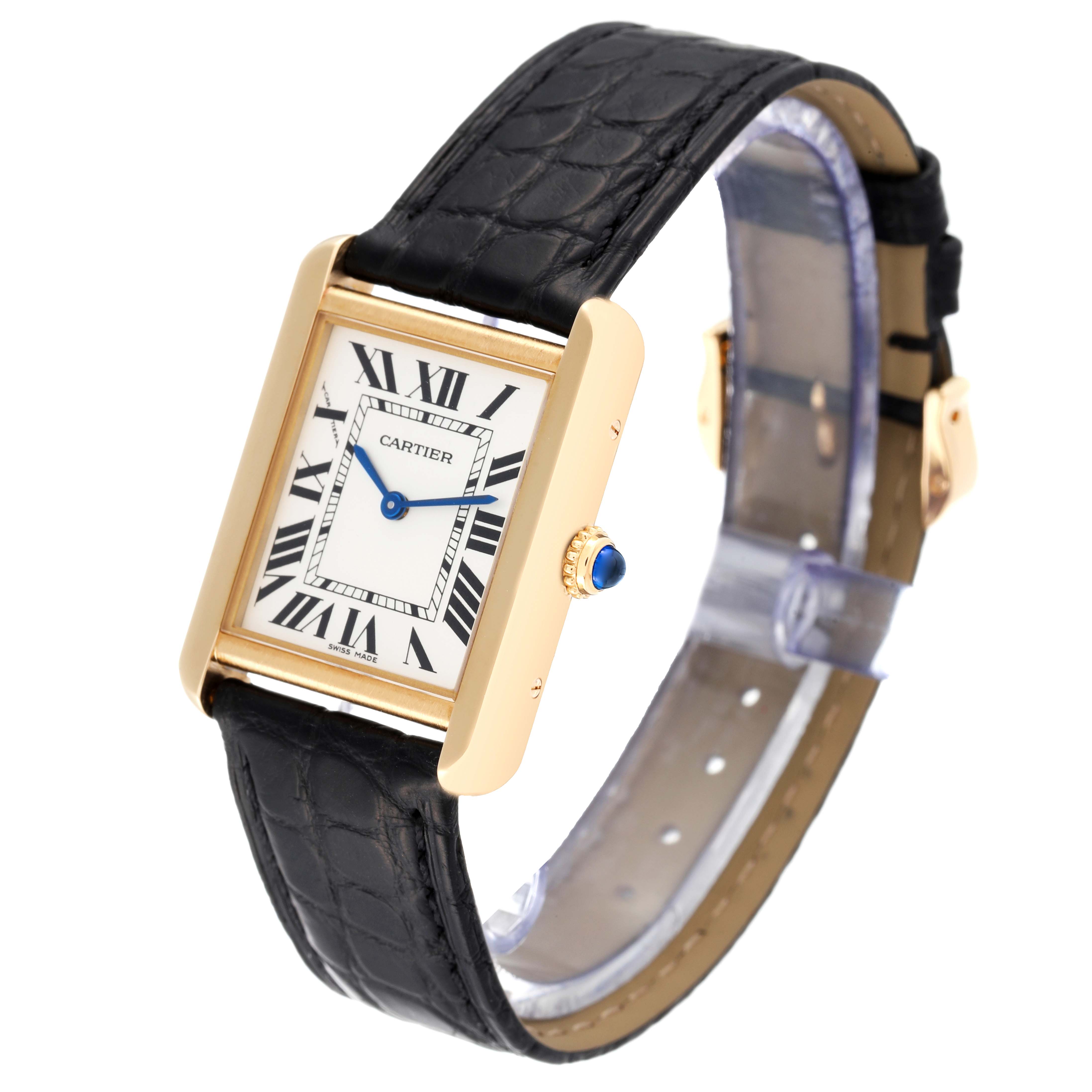 This image shows a Cartier Tank Solo W5200002 Women
s Steel and Gold (two tone) Silver Dial W5200002 Women
s Steel and Gold (two tone) Silver Dial watch at a slight angle, highlighting its rectangular face, gold case, crown, and black leather strap.