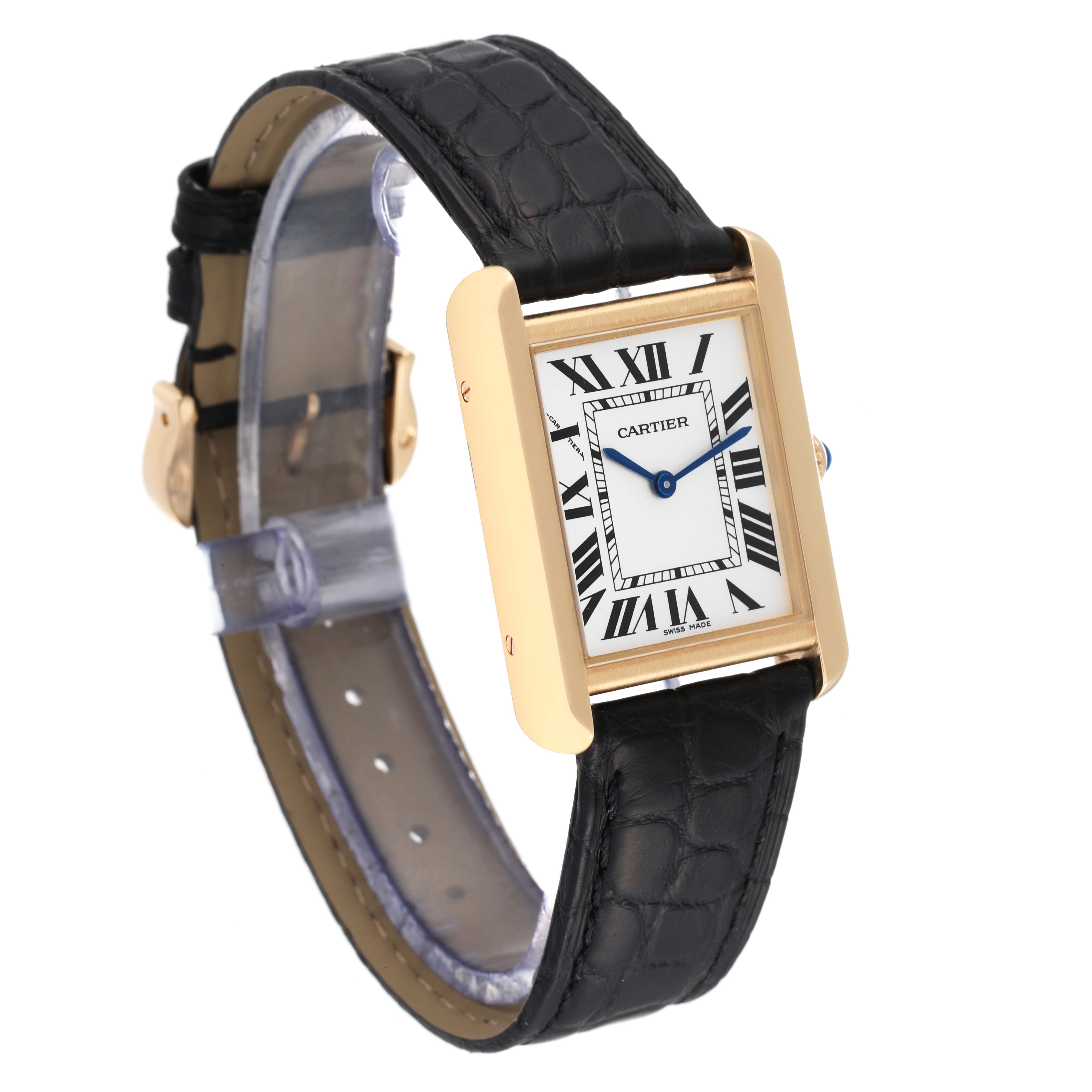 This image shows a side angle of the Cartier Tank Solo W5200002 Women
s Steel and Gold (two tone) Silver Dial W5200002 Women
s Steel and Gold (two tone) Silver Dial watch, highlighting its rectangular face, Roman numerals, and black leather strap.