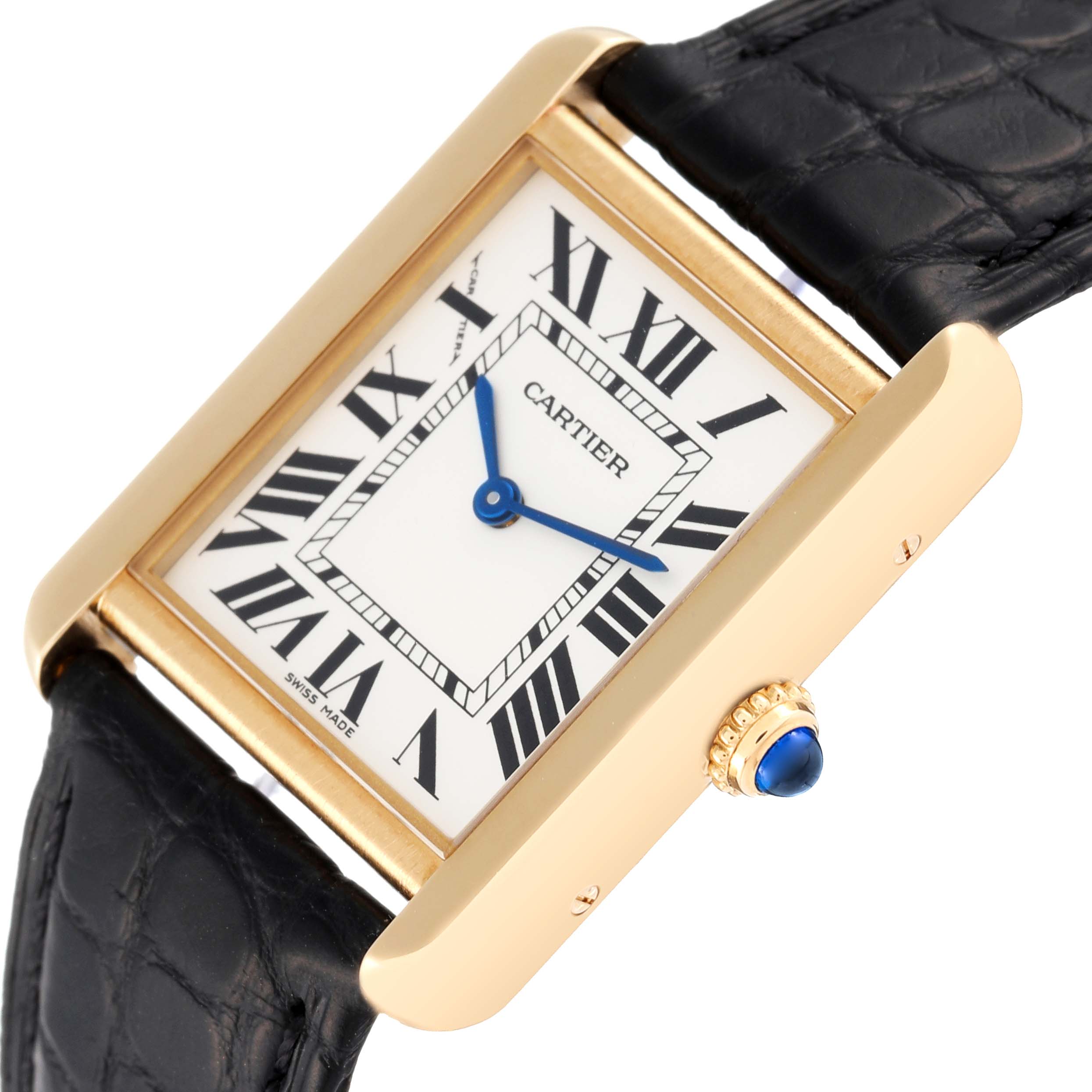 The image shows a close-up of the Cartier Tank Solo W5200002 Women
s Steel and Gold (two tone) Silver Dial W5200002 Women
s Steel and Gold (two tone) Silver Dial watch
s face, crown, and part of the black leather strap.