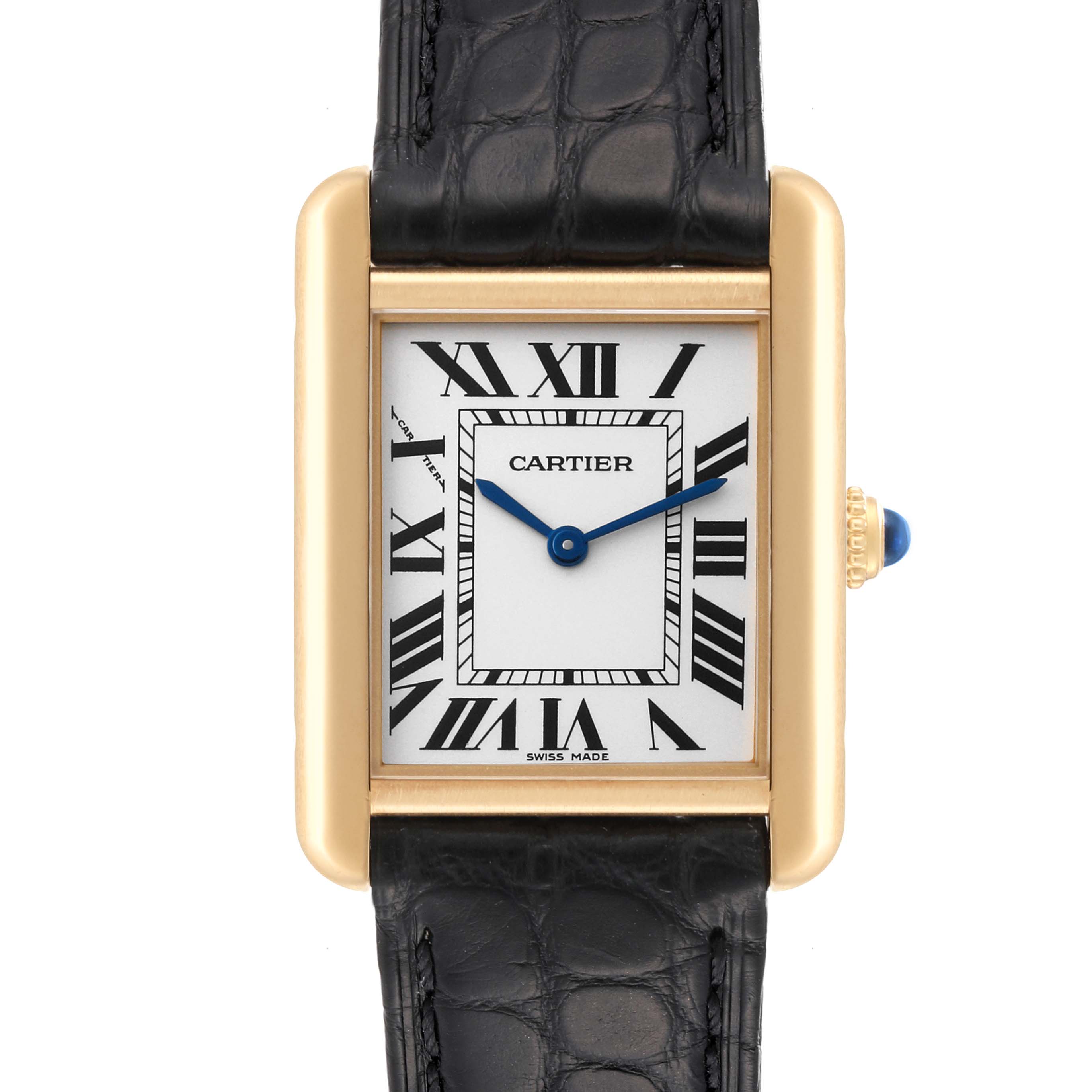 This is a front view of the Cartier Tank Solo W5200002 Women
s Steel and Gold (two tone) Silver Dial W5200002 Women
s Steel and Gold (two tone) Silver Dial watch, displaying its rectangular face, Roman numerals, and leather strap.