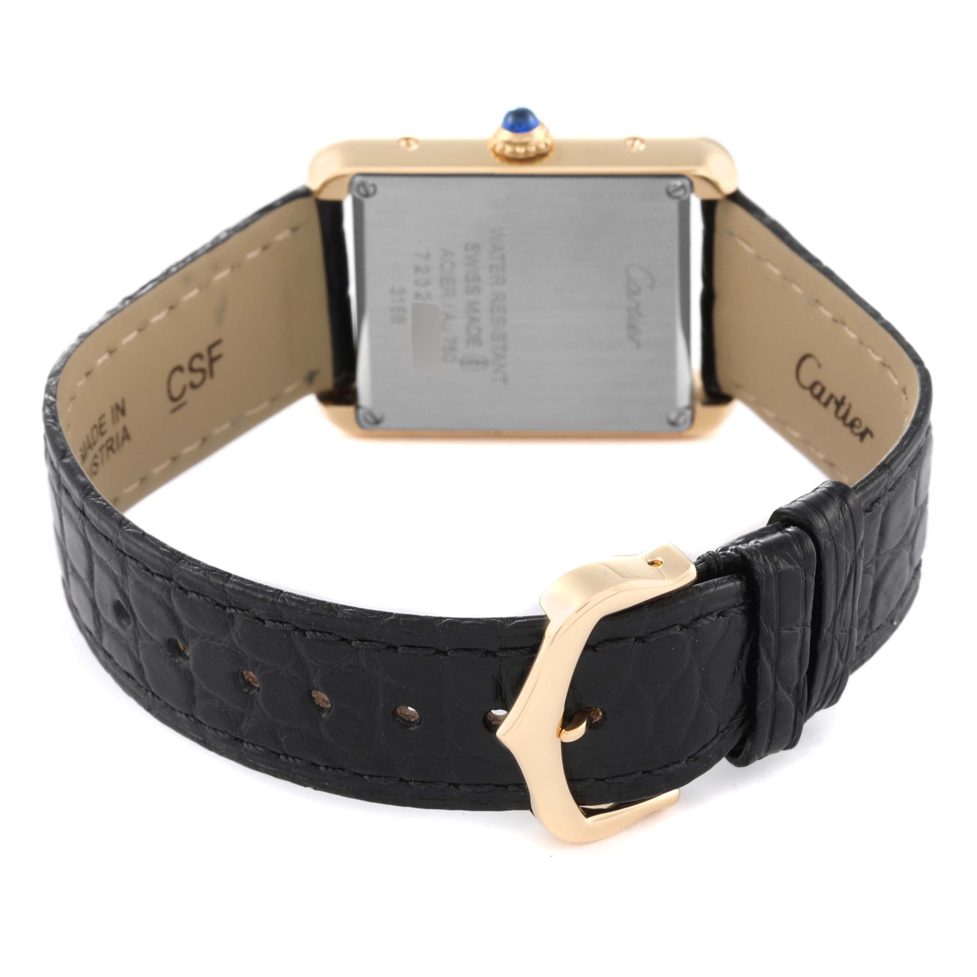 This image shows the rear view of a Cartier Tank Solo W5200002 Women
s Steel and Gold (two tone) Silver Dial W5200002 Women
s Steel and Gold (two tone) Silver Dial watch, highlighting its clasp, back case, and strap.