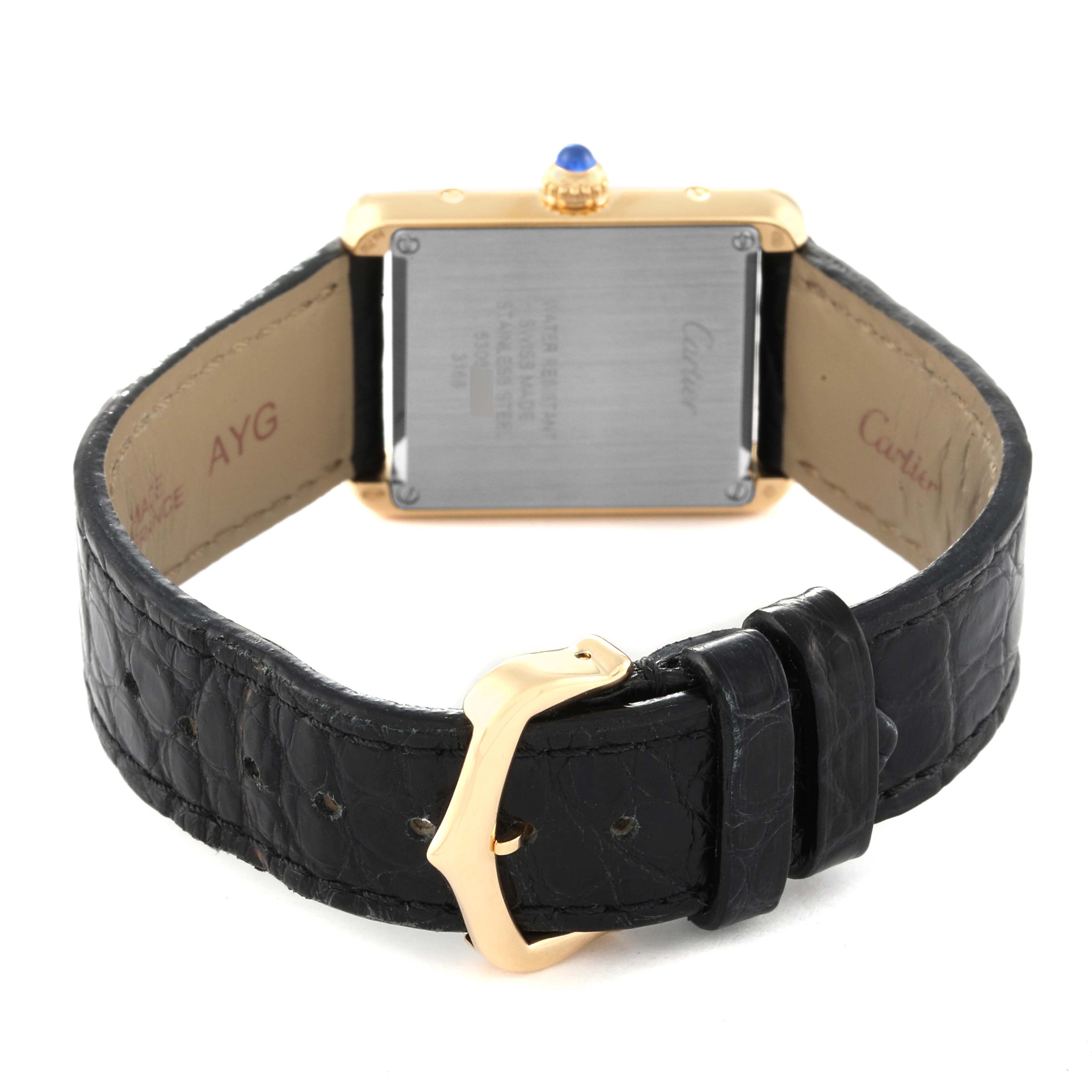 The image shows the Cartier Tank Solo W5200002 Women
s Steel and Gold (two tone) Silver Dial W5200002 Women
s Steel and Gold (two tone) Silver Dial watch from the rear, including the case back, crown, and black leather strap with a gold buckle.