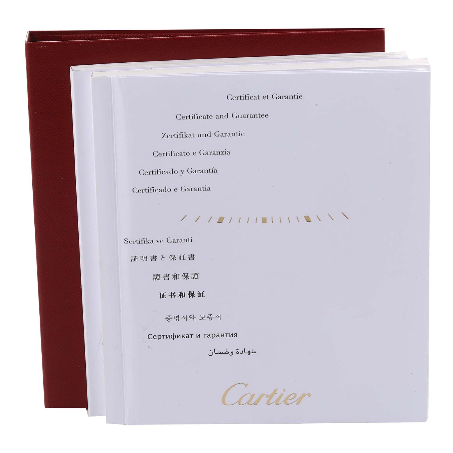 The image shows the certificate and guarantee of the Cartier Tank Solo W5200002 Women
s Steel and Gold (two tone) Silver Dial W5200002 Women
s Steel and Gold (two tone) Silver Dial model, alongside its red case.