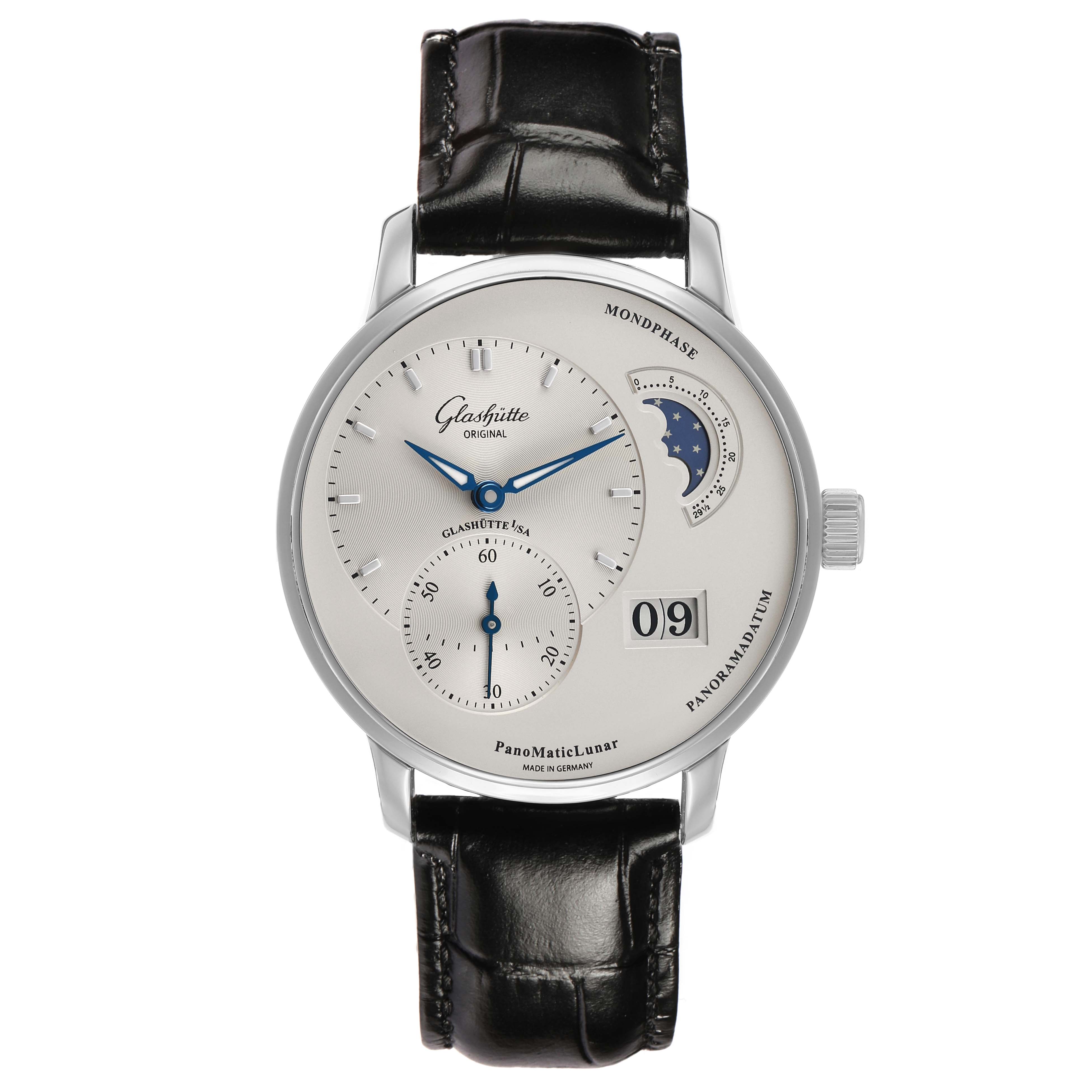 The Glashütte PanoMaticLunar watch is shown from the front, highlighting its dial, moonphase, and date displays.