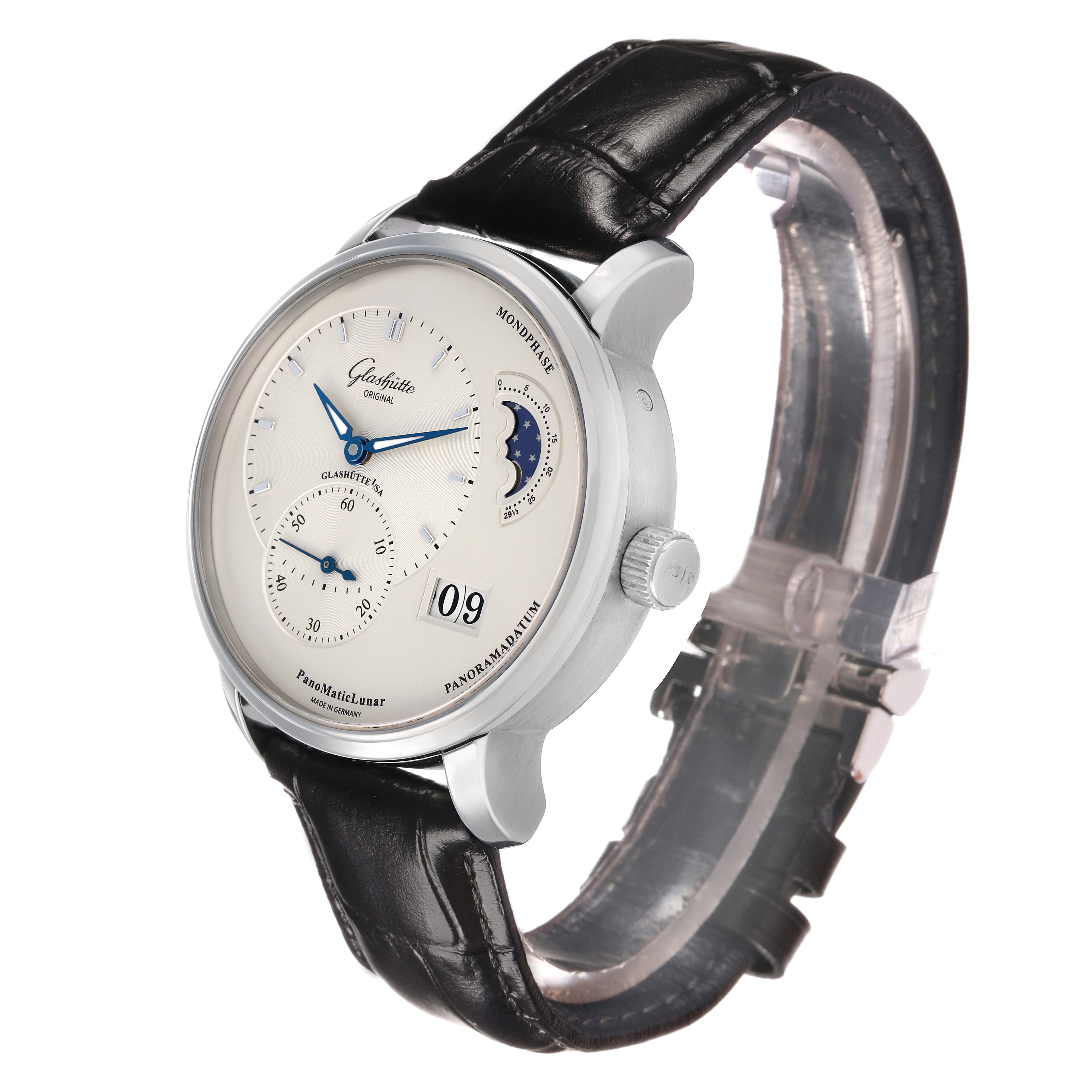 The Glashütte Pano model watch is shown at a three-quarter angle, highlighting the dial, moon phase, and leather strap.